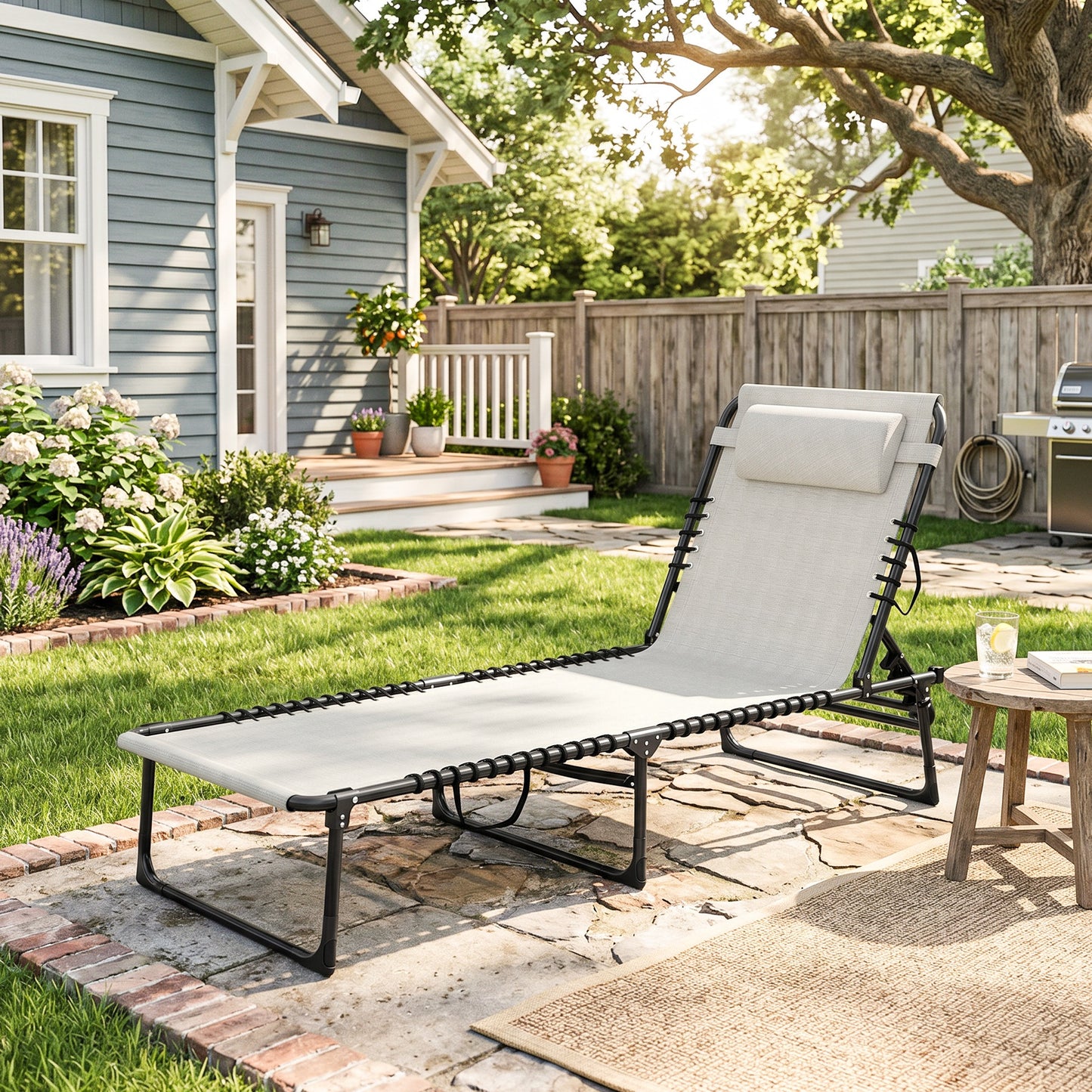 Foldable Sun Lounger, Outdoor 4 Level Adjustable Backrest Reclining Chaise Chair, Steel Frame Recliner Chair for Camping