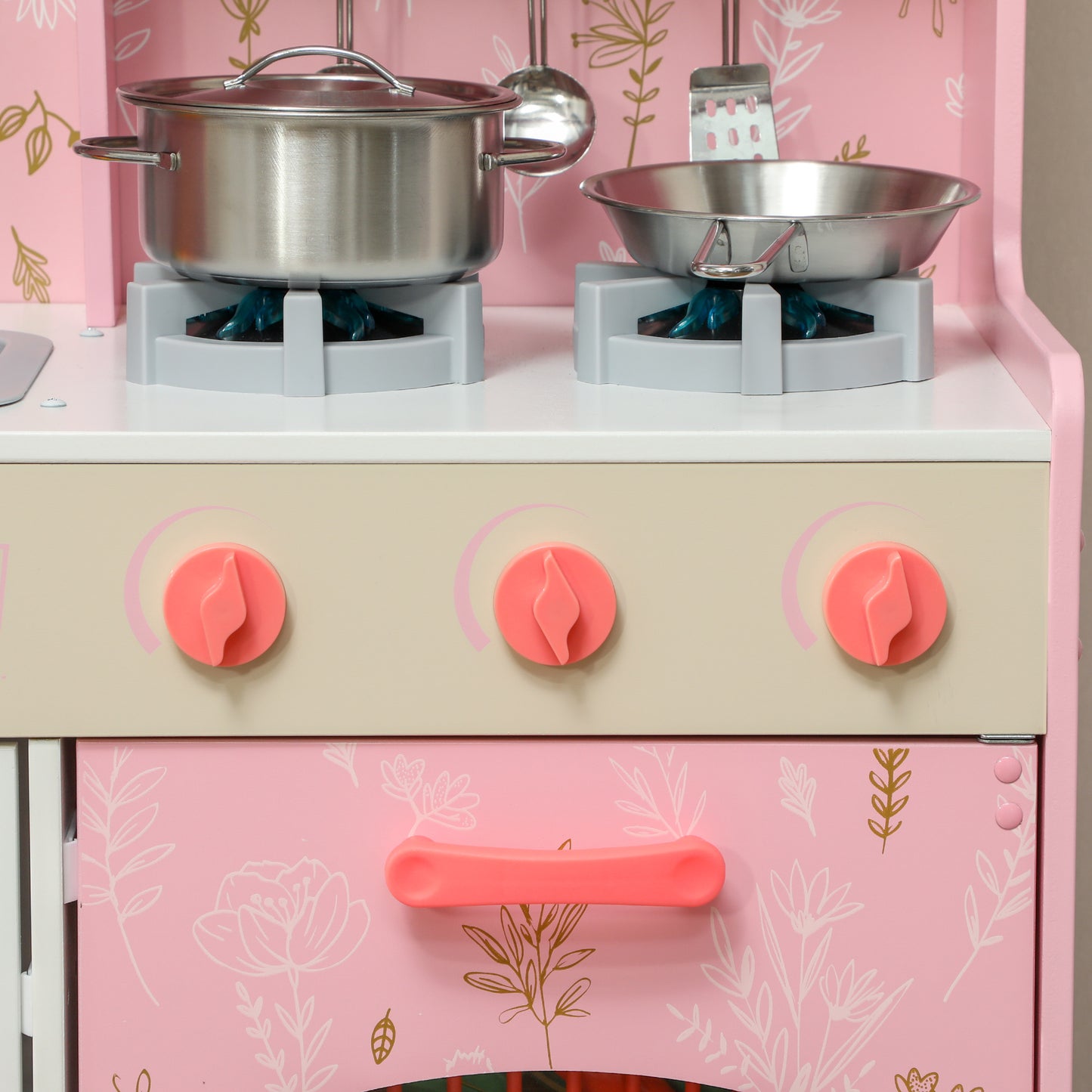 Play Kitchen, Kids Kitchen Set with Lights and Sounds, Double Stoves, Ice Maker, Chalkboard for 3+ Years, Pink