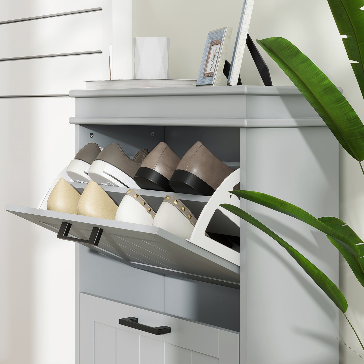 Two-Drawer Minimalistic 10-Shoe Cabinet - Grey