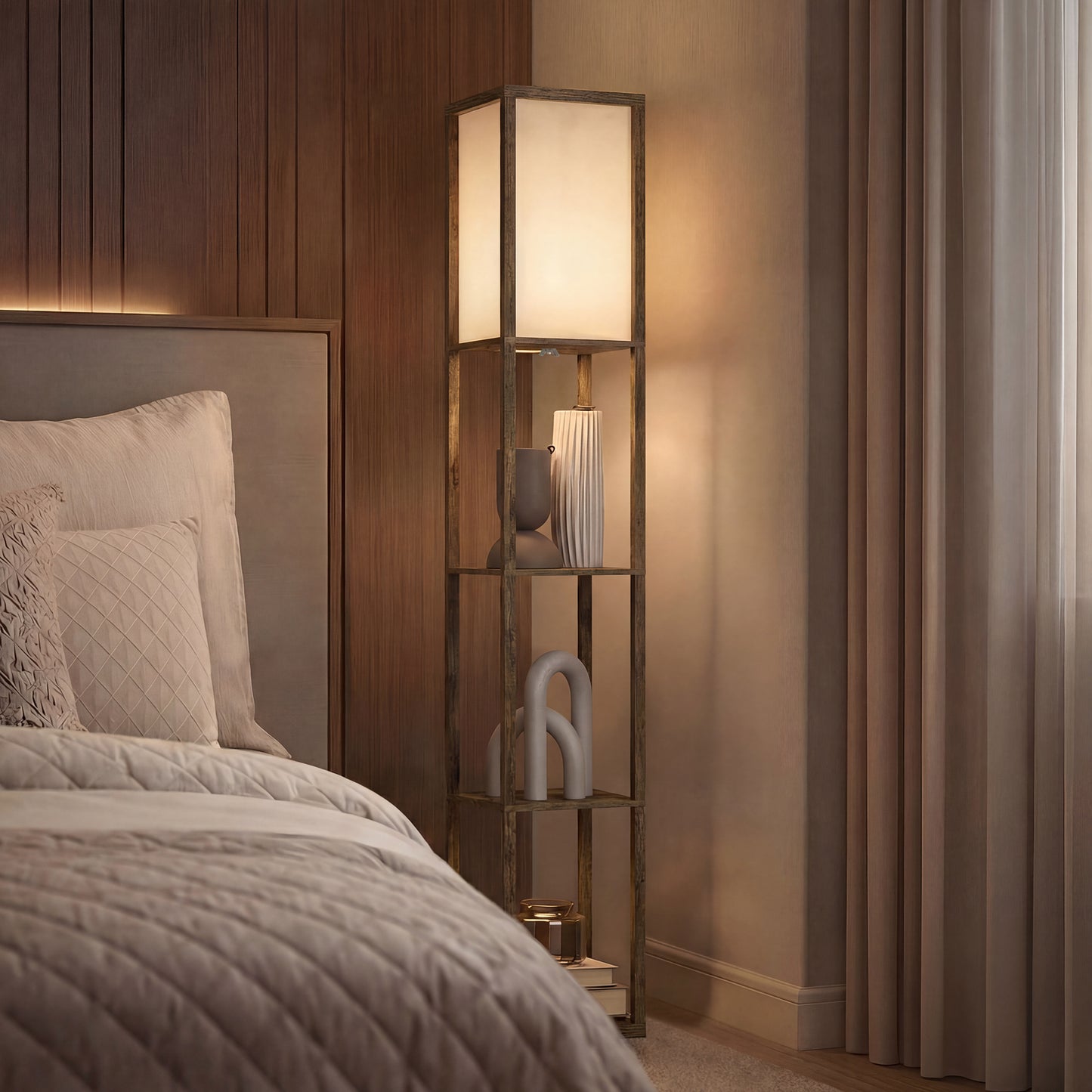 3-Tier Floor Lamp with Shelves – Brown