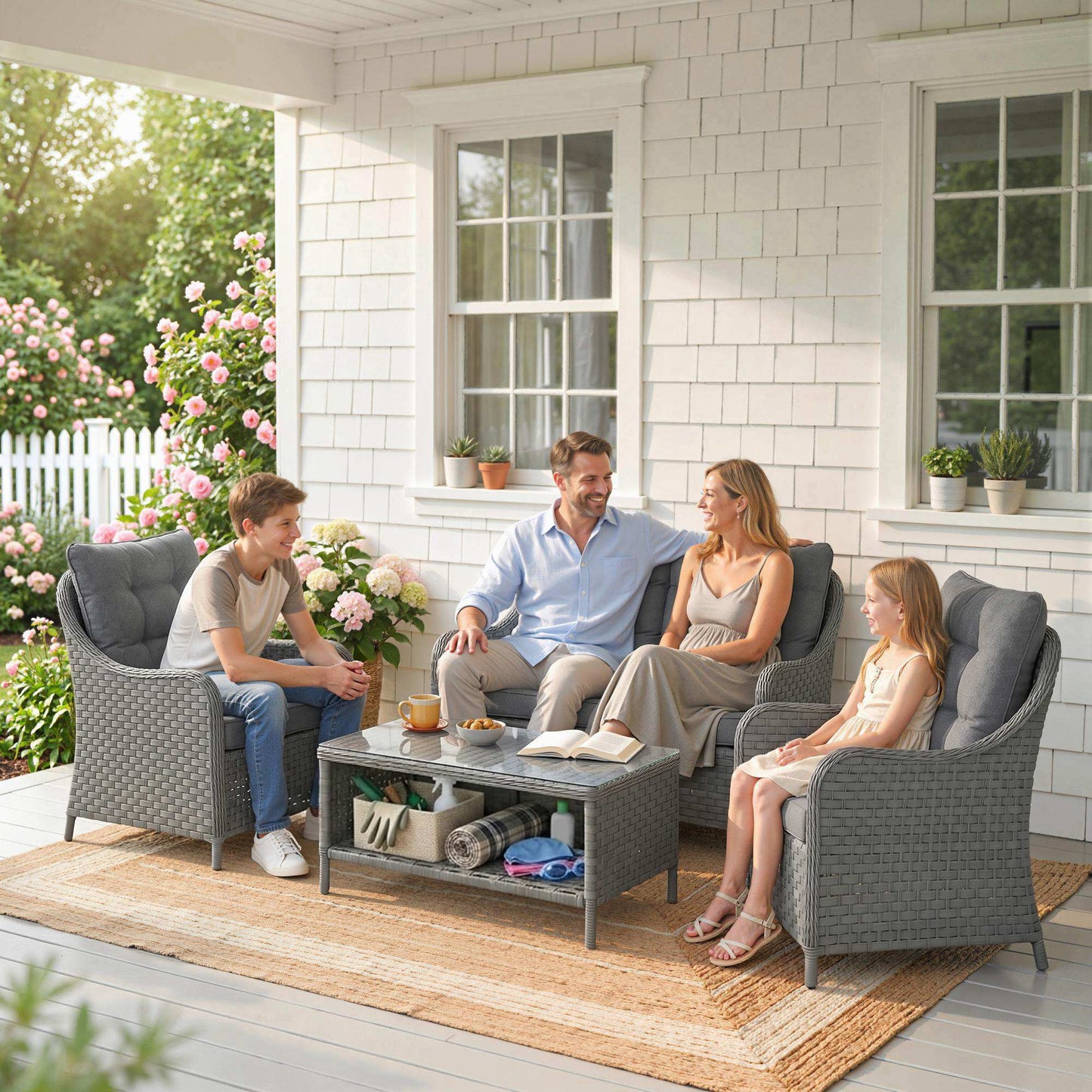 4-Piece Wicker Patio Furniture Set with 2 Armchairs, Loveseat, Glass Coffee Table, Conversation Sofa Set, Dark Grey