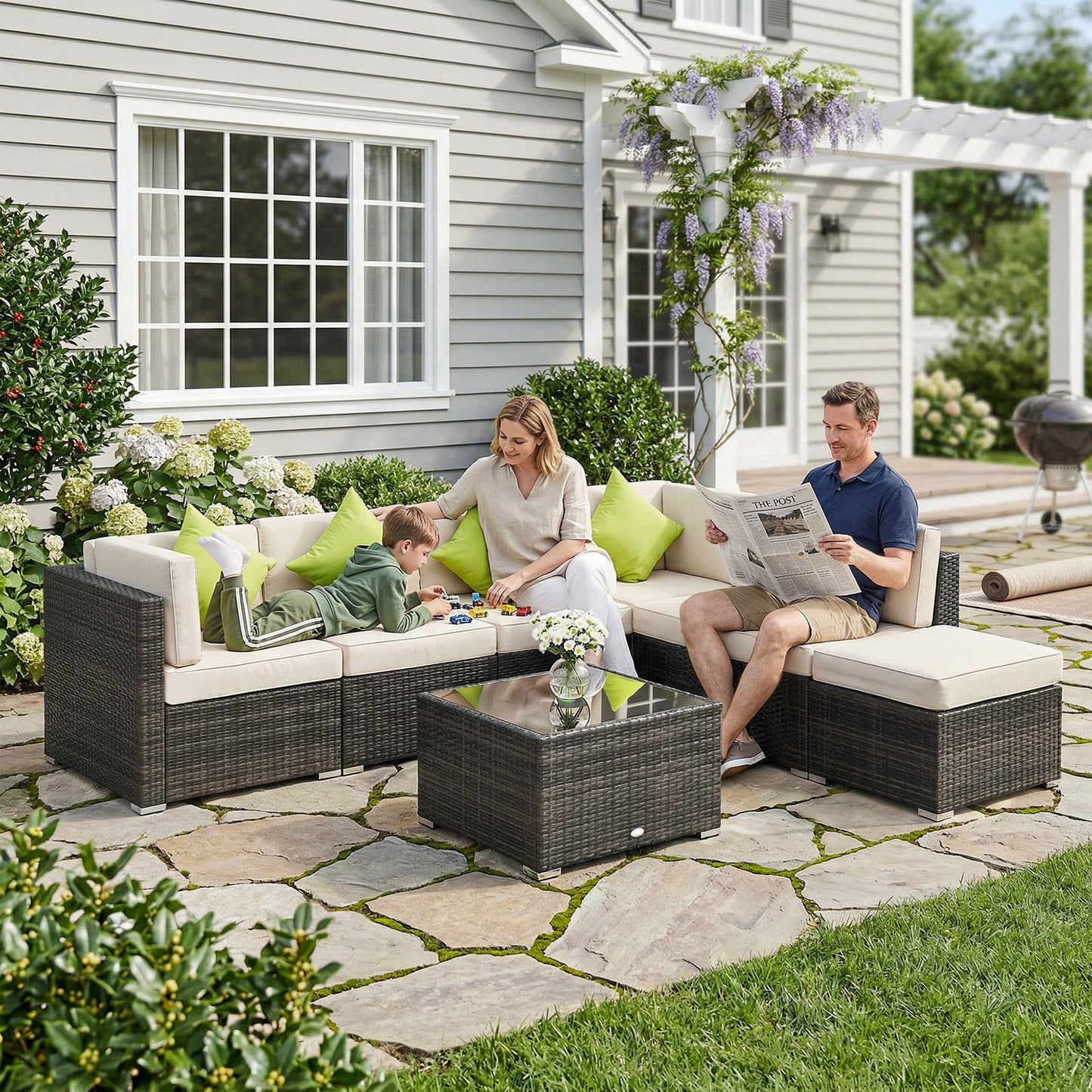 7-Seater PE Rattan Corner Sofa Set, Garden Furniture Set, Patio Wicker Sofa Seater w/ Cushion