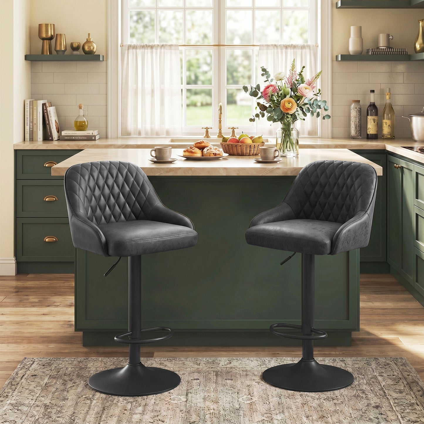 Bar Stools Adjustable Swivel Kitchen Chairs with Backrest Set of 2 for Kitchen Island Black