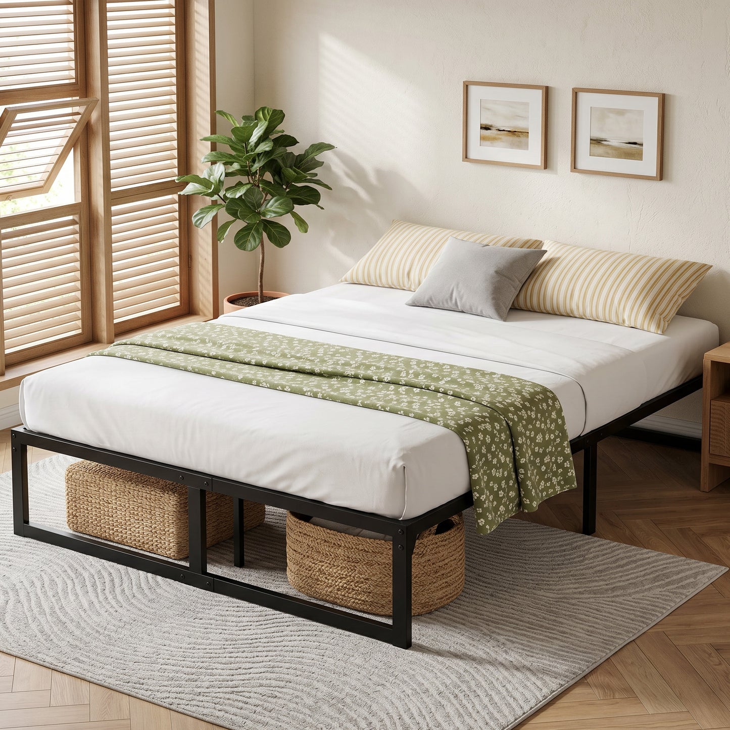 4ft6 Double Bed Frame with Underbed Storage and Steel Slat Support, 32.5 cm Height, Noise-Free, Black