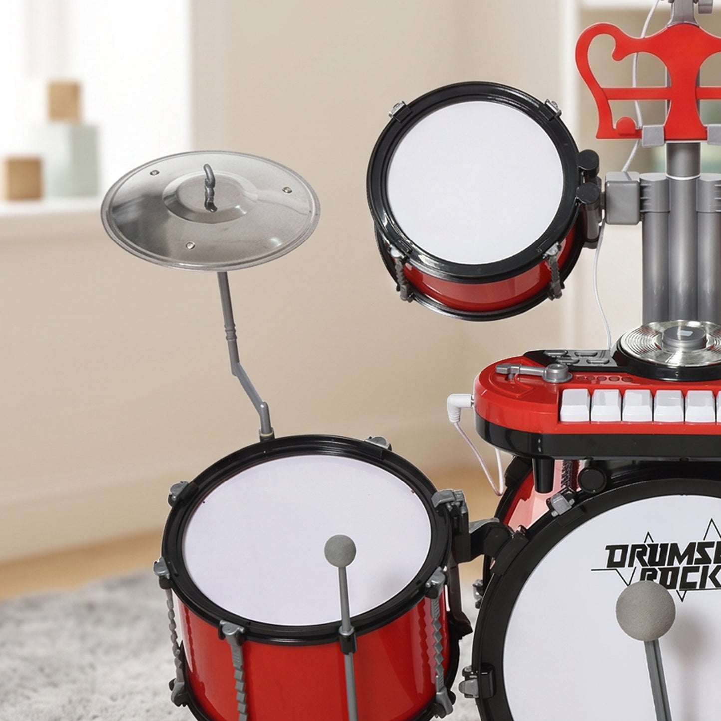 Kids Drum Set for Beginners, Drum Kit with Toy Microphone, Cymbal, Pedal & Drumsticks, Educational Musical Toy, Red