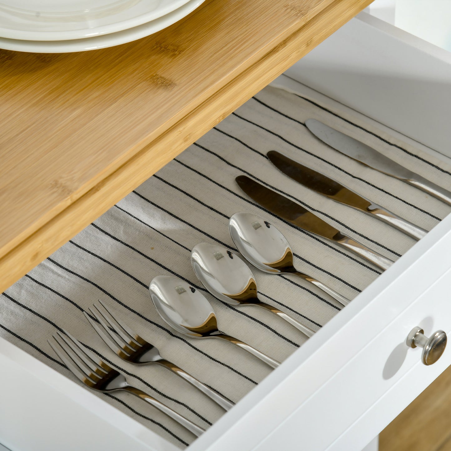 Kitchen Storage Trolley on Wheels with Bamboo Worktop, Rolling Kitchen Island Cart with Drawer and Towel Rack for Dining Room