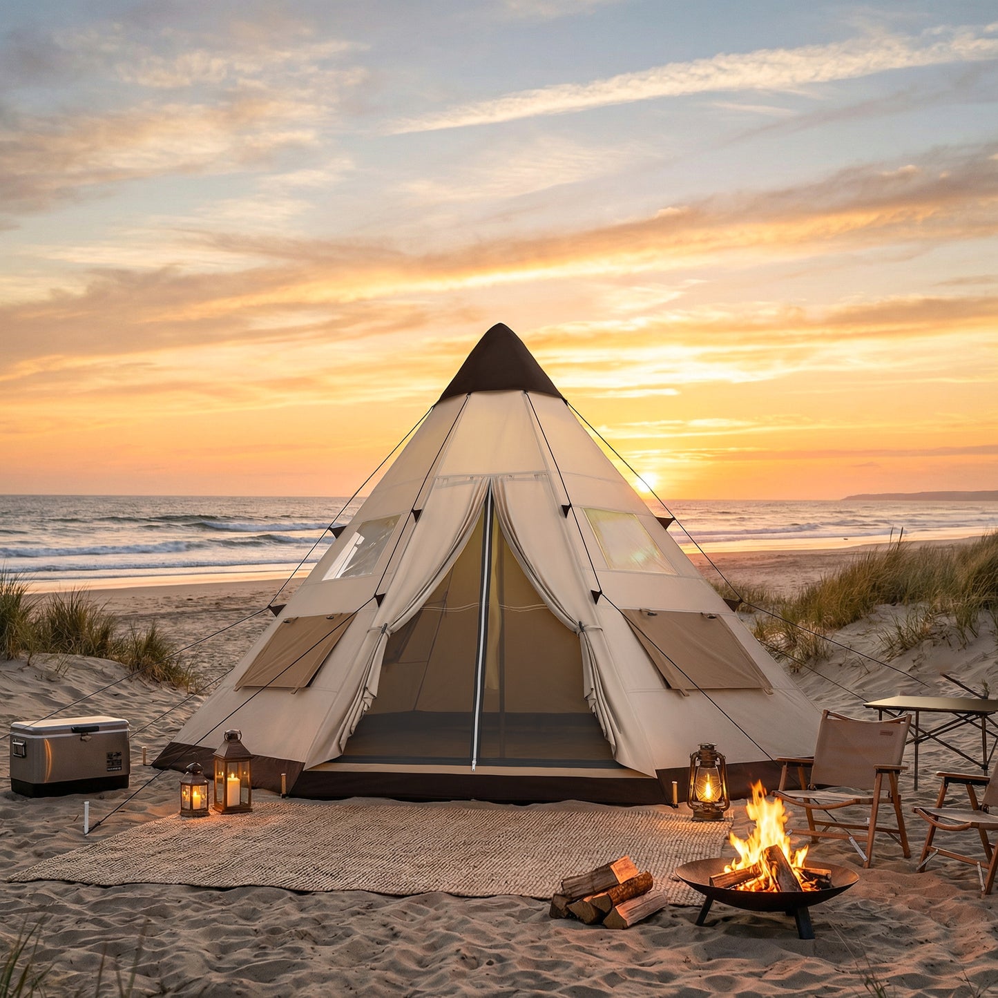 6 Men Tipi Tent with Carry Bag - Khaki