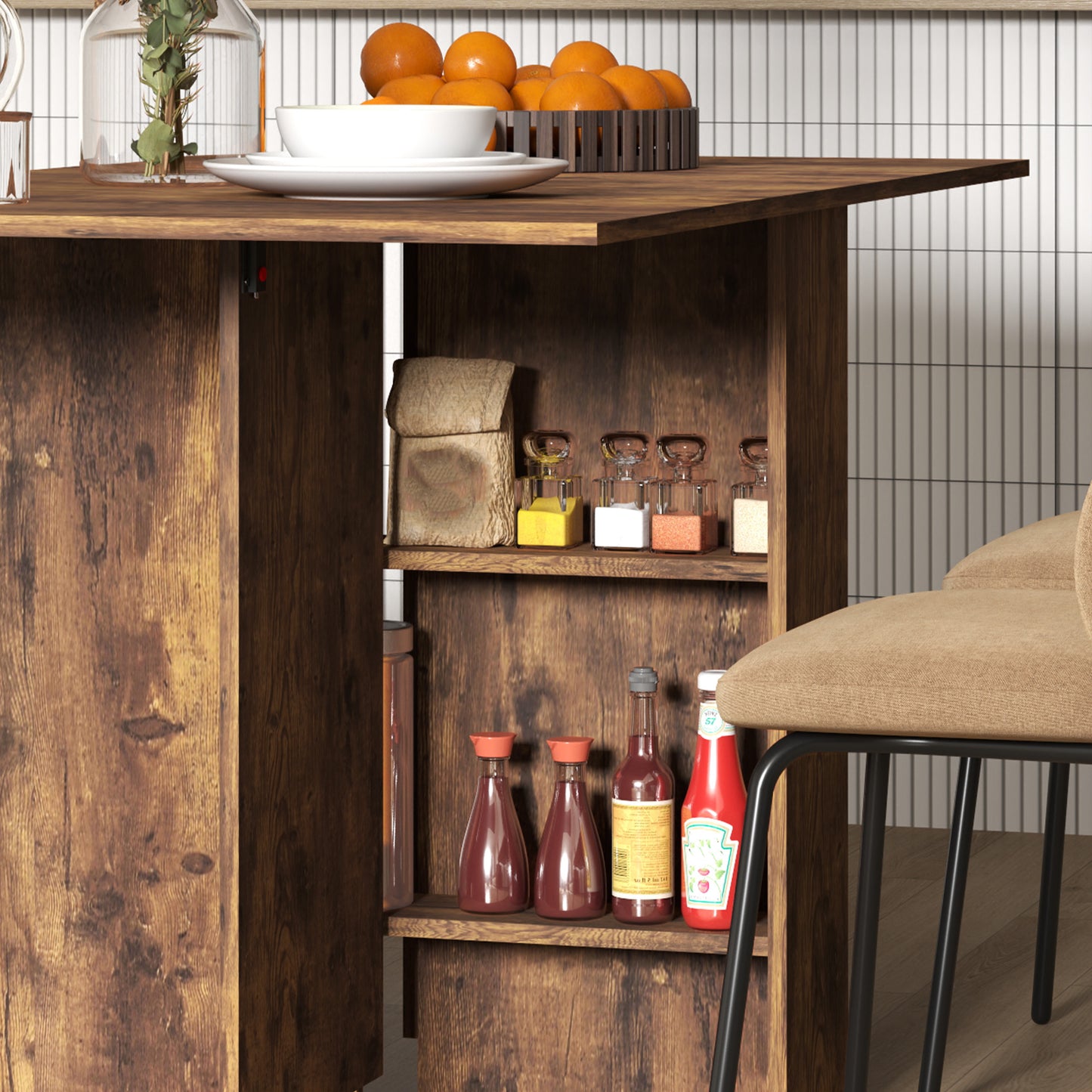 80-140 cm Folding Dining Table for 4-6 People, Drop Leaf Table with 2-Tier Shelves, Rolling Casters, Rustic Brown
