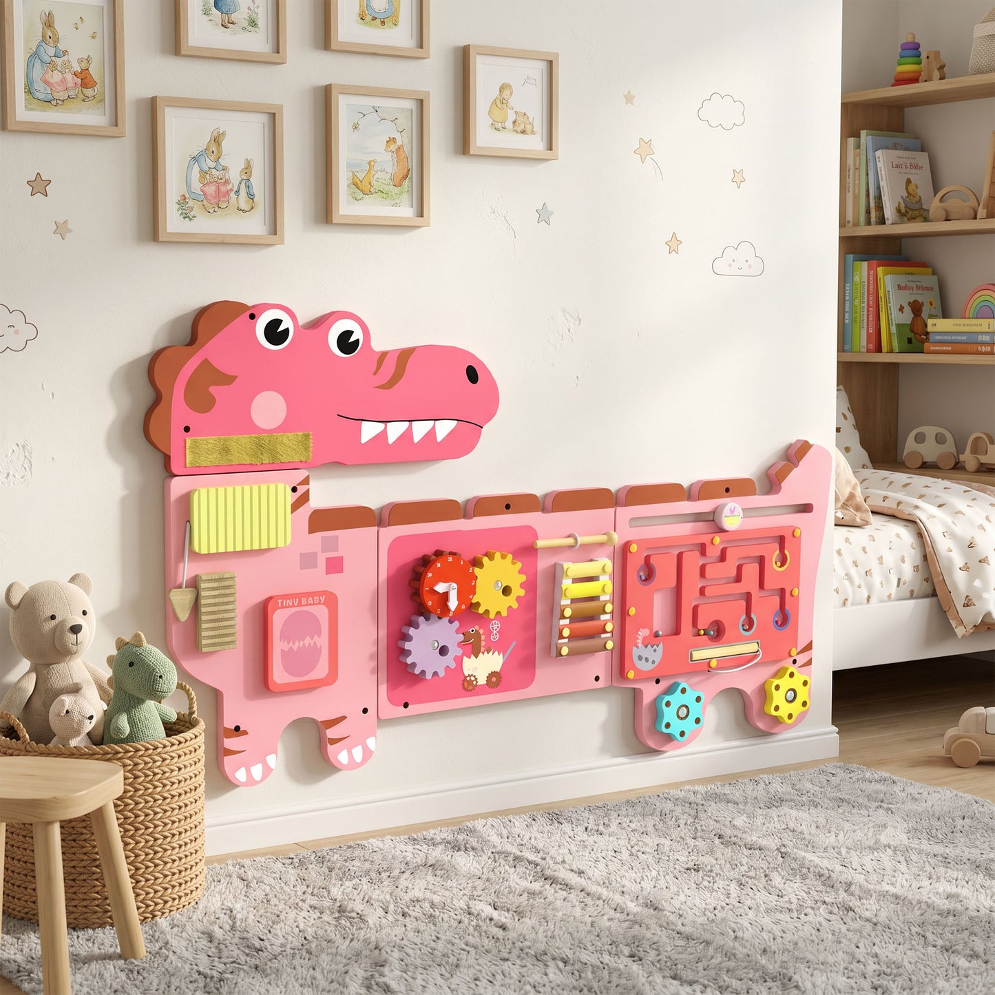 Busy Board Panels, Wall Mounted Montessori Inspired Busy Board, Toddler Learning Centre Dinosaur Theme, Pink