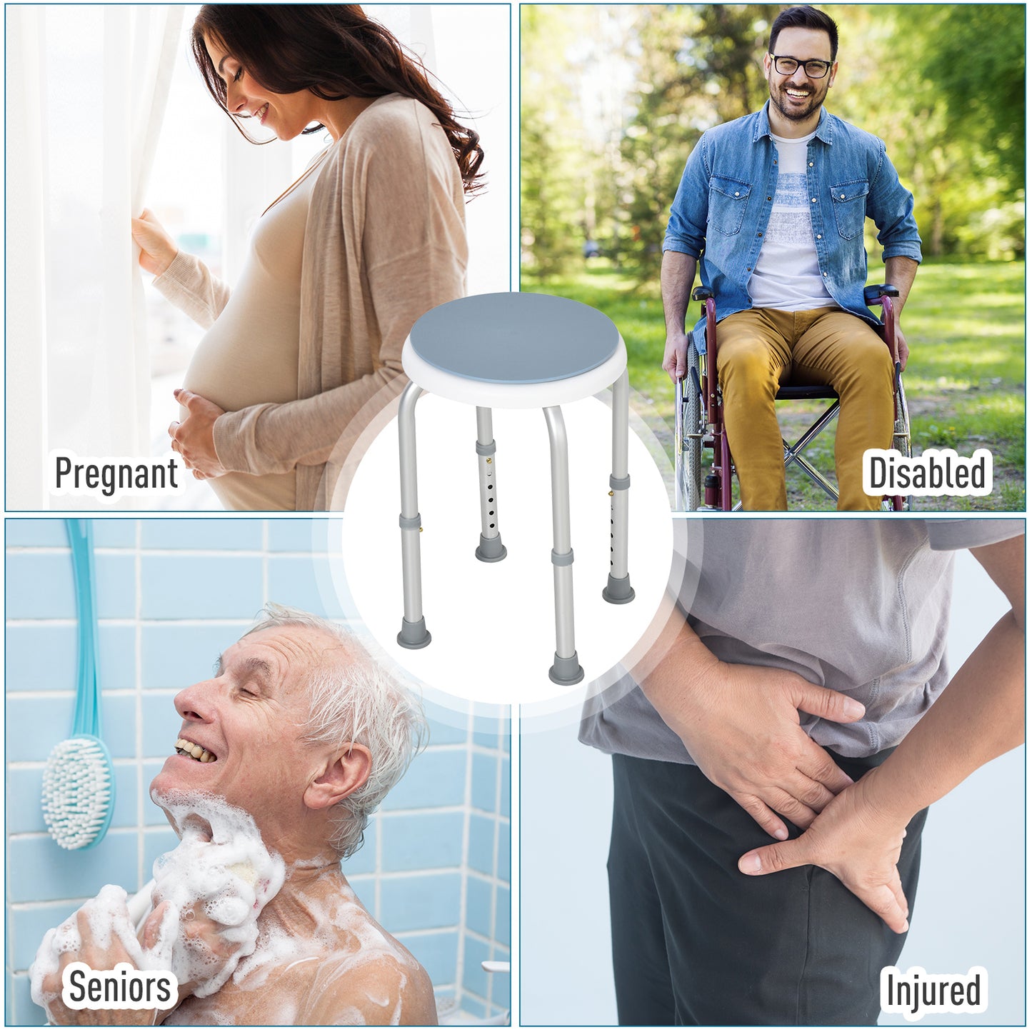 360° Swivel Shower Chair, Height Adjustable Aluminium Shower Stool with Non-Slip Feet for Disabled, Elderly, Light Blue