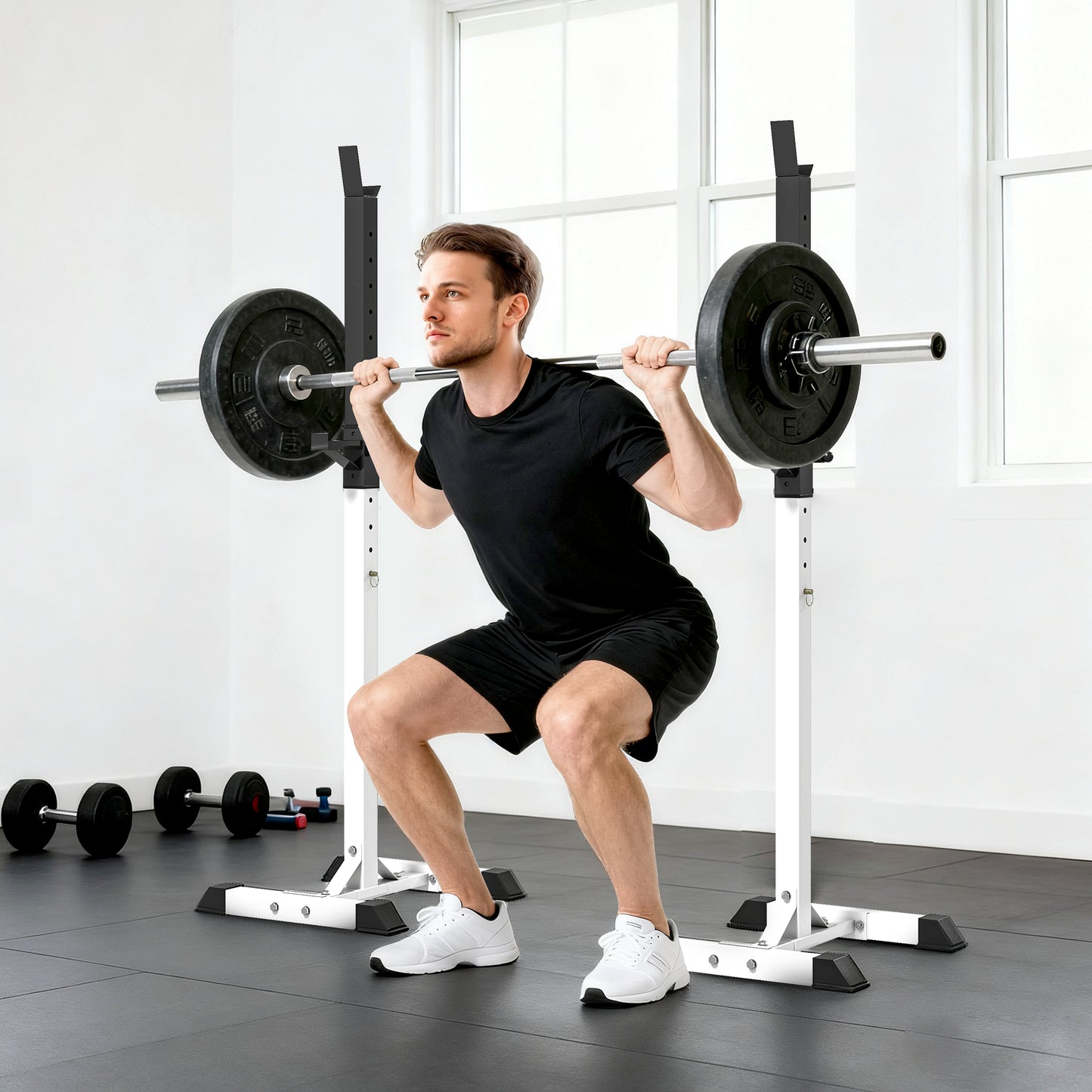 Heavy Duty Weight Bar Barbell Squat Stand Barbell Rack Spotter, for Home, Gym - Black