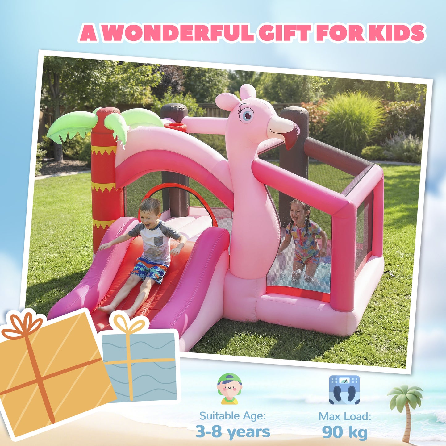 Inflatable Bounce House for Kids with Slide, Ball Pit, Basketball Hoop and Blower for Indoor Outdoor Garden, Pink