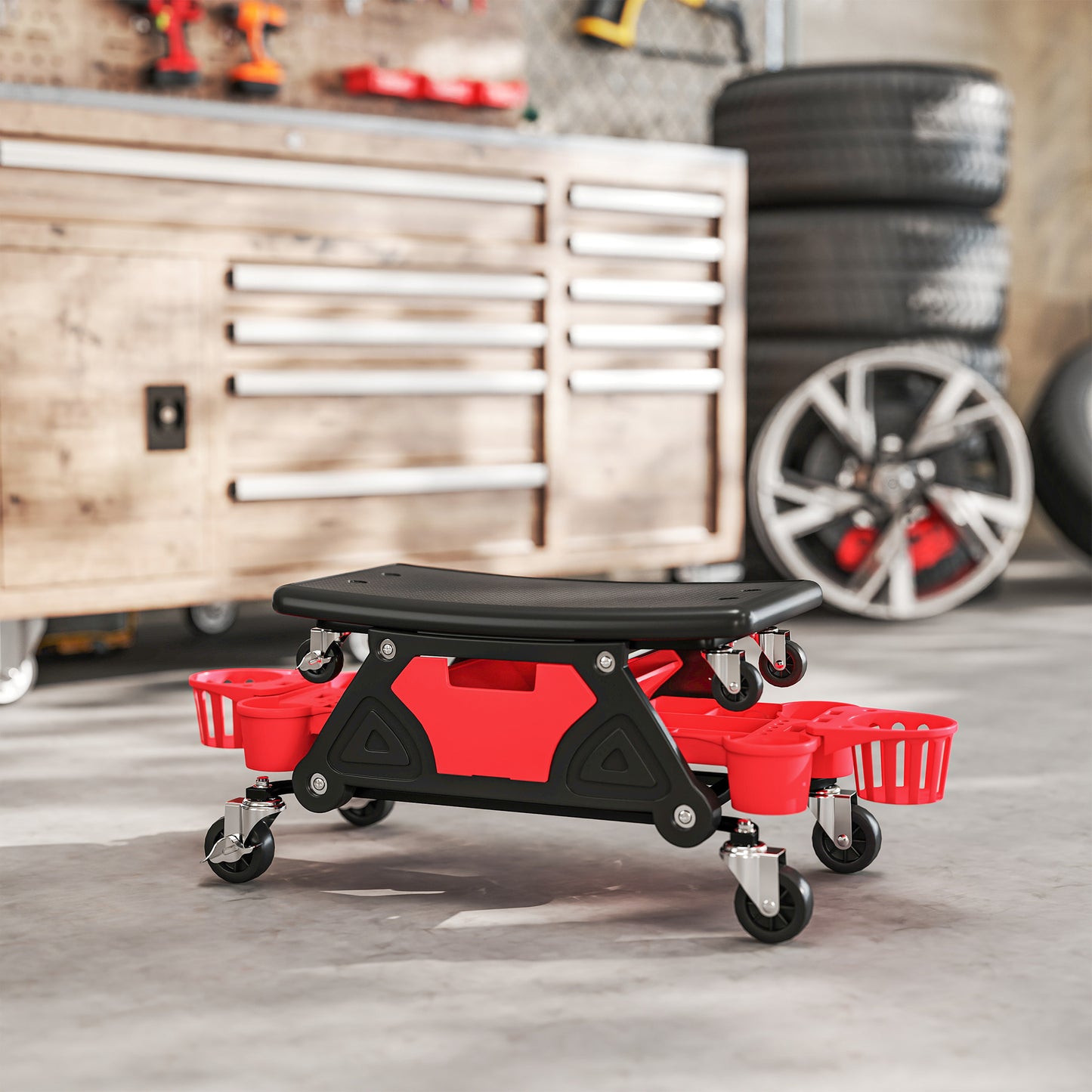 Rolling Mechanic Stool, 135kg Capacity Workshop Stool with 360° Swivel Wheels, Roller Creeper Seat with Slide Out Tool Trays