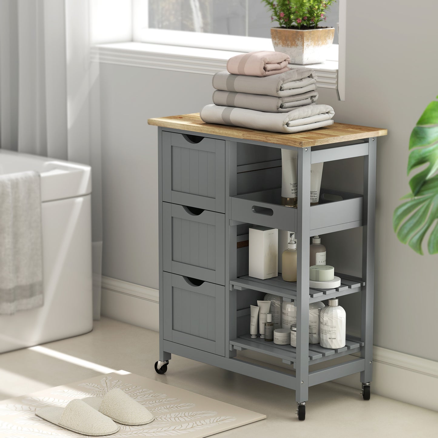 Rolling Kitchen Island Cart, Bar Serving Cart, Compact Trolley on Wheels with Wood Top, Shelves & Drawers, Grey