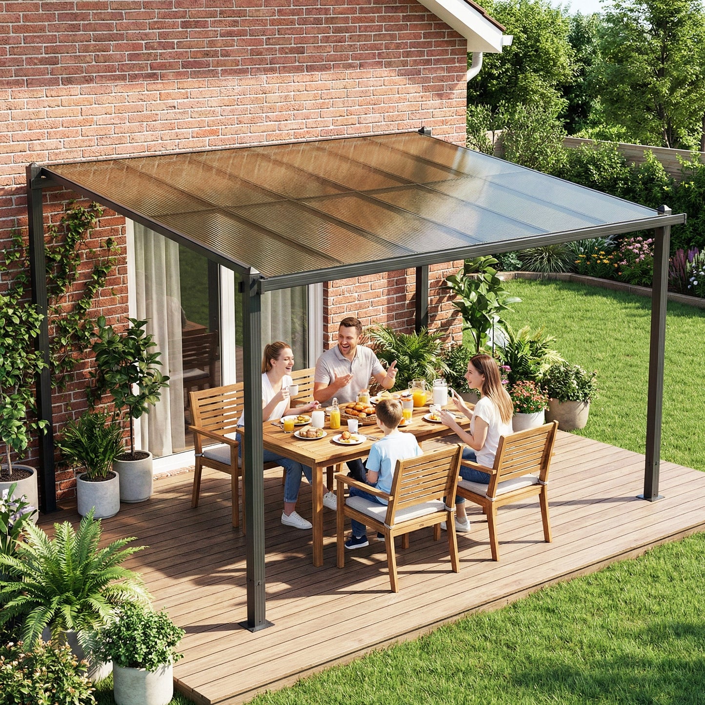 3.6 x 3 m Lean to Garden Pergola with PC Roof, Aluminium Frame Hardtop Gazebo Pergola with Drainage Gutters, Dark Grey