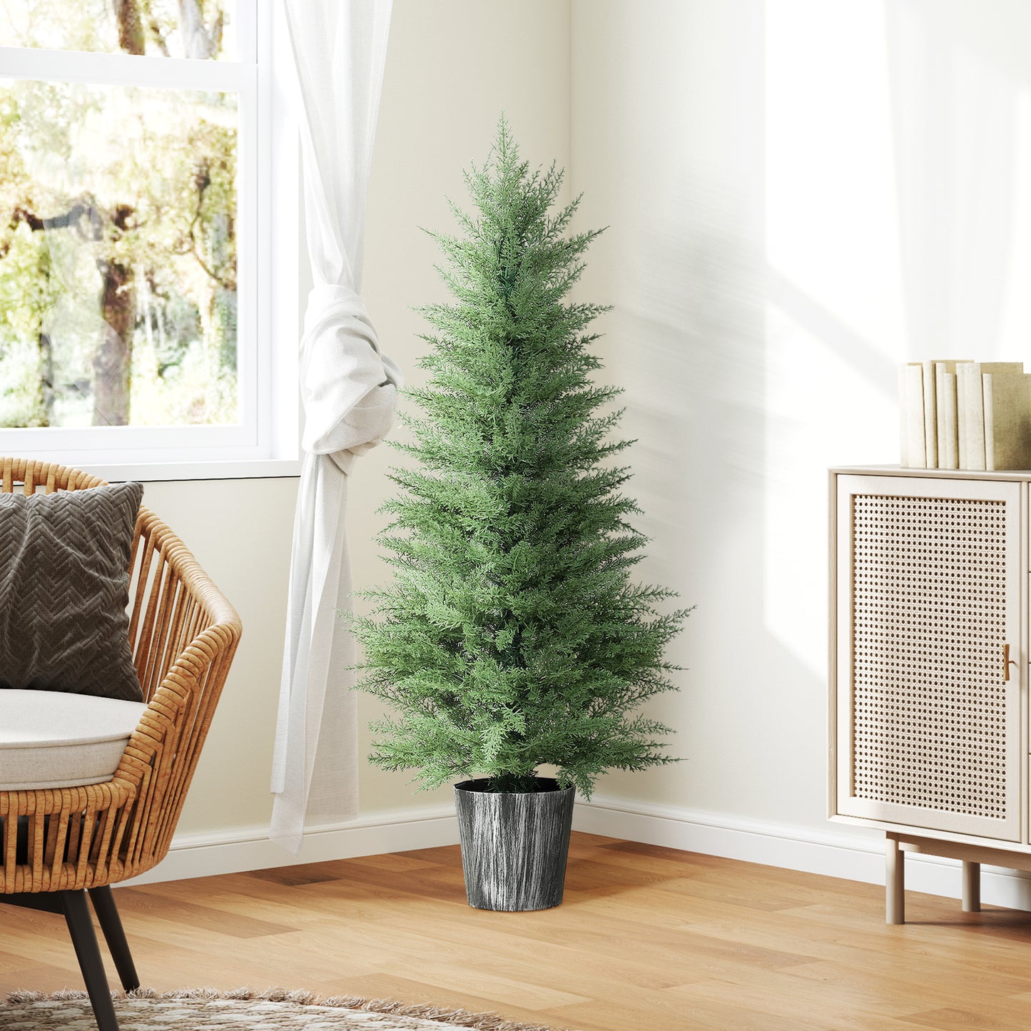 135cm Artificial Cypress Trees Set of 2, UV Resistant Artificial Plants with Decorative Pot