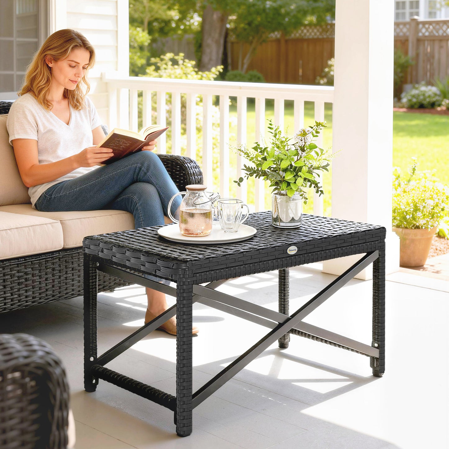 Outdoor Coffee Table Side Table with X-Shape Frame for Patio, Balcony, Black