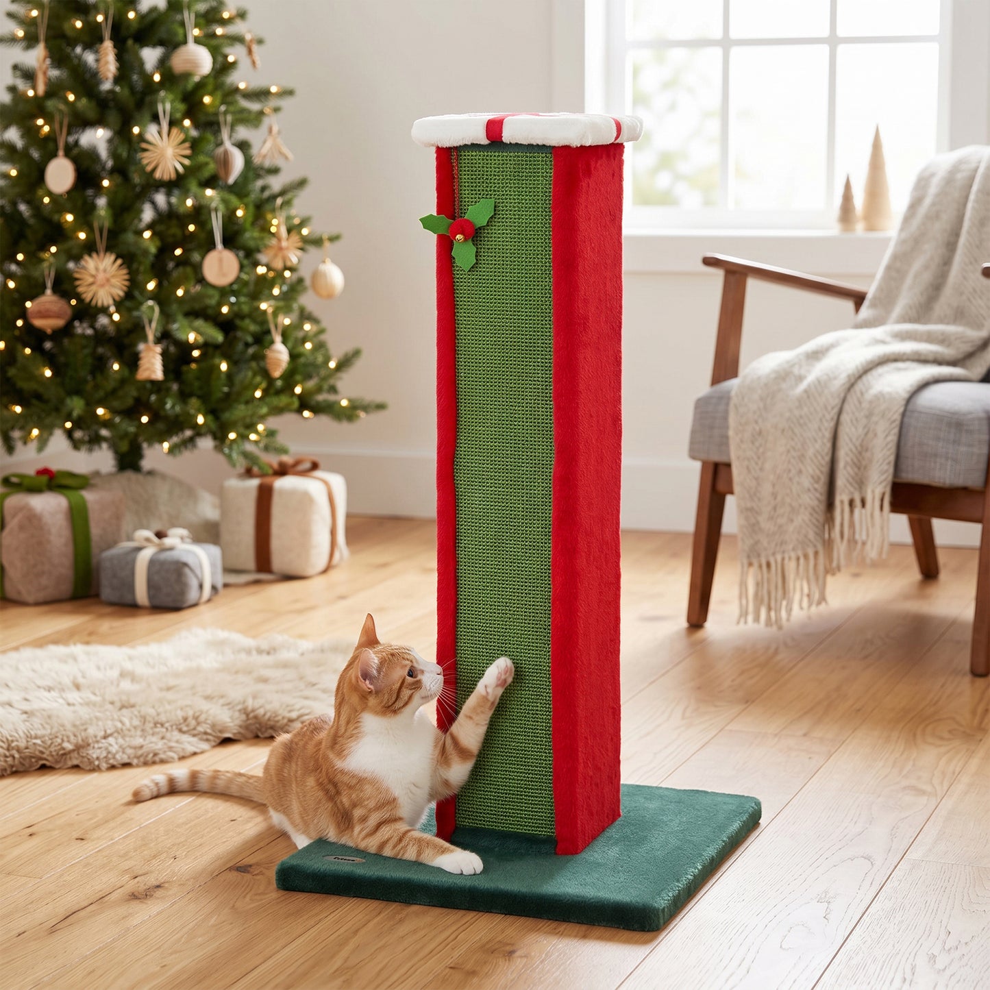 Cat Scratching Post for Indoor Cats, 81cm Tall Cat Scratcher with Sisal Rope, Hanging Bell Toy, Stable Base, Green & Red