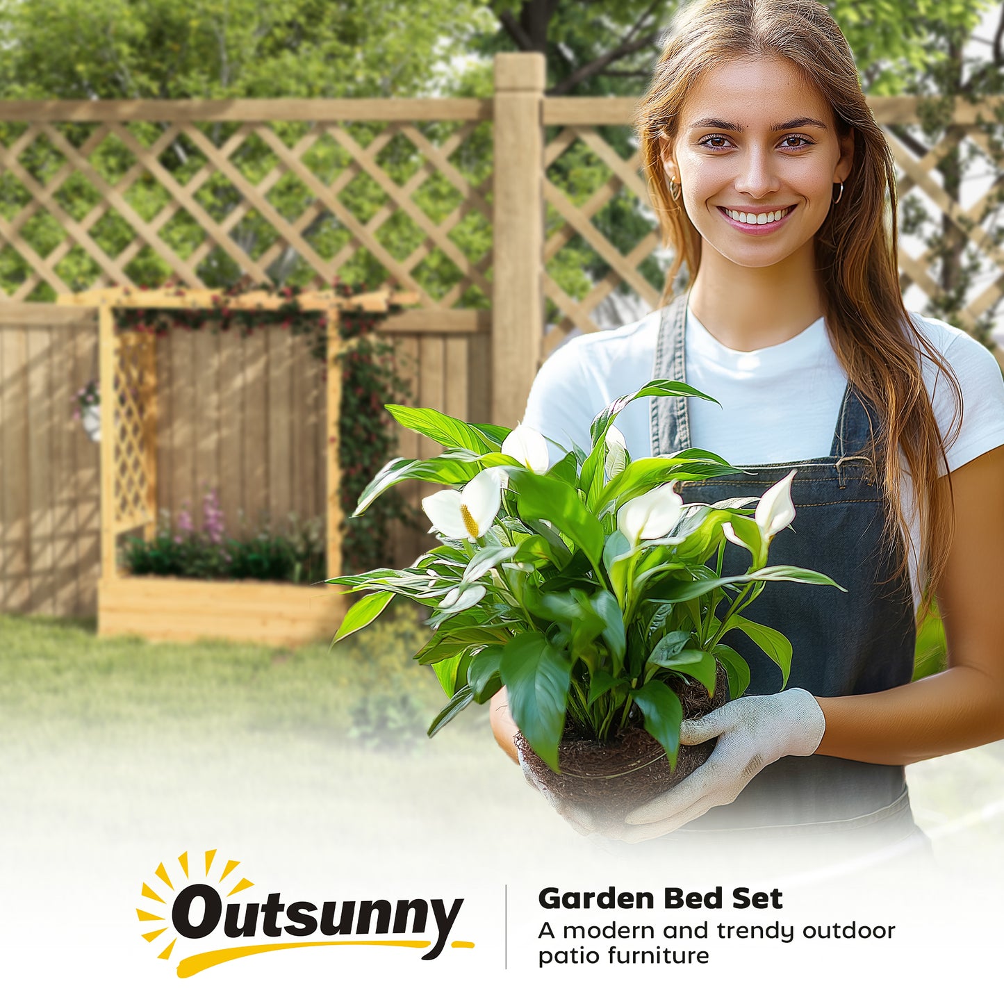 Garden Planter with Trellis, Wooden Raised Bed for Garden with Hanging Roof and Drainage Holes