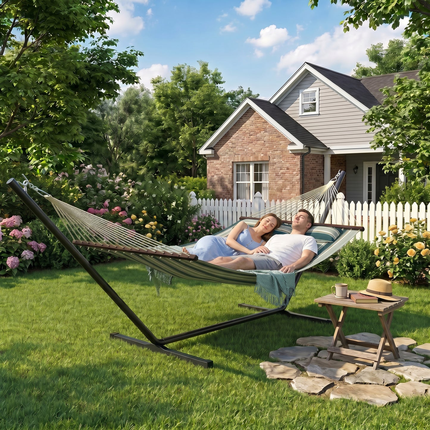 Outdoor Hammock with Stand Detachable Pillow Striped Swing Steel Frame, for Garden, Patio, Green