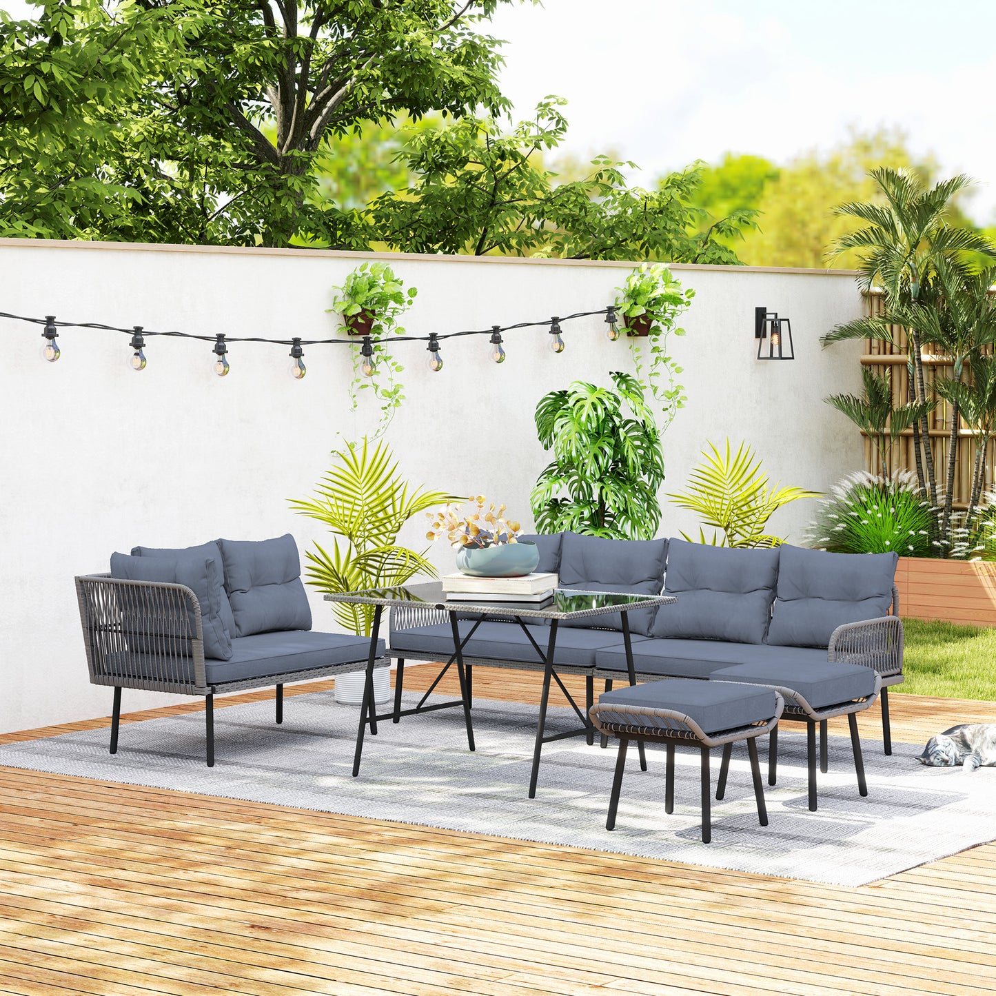 6 Piece Rattan Garden Furniture Set, 8 Seater Garden Corner Sofa with Cushions and Glass Top Table