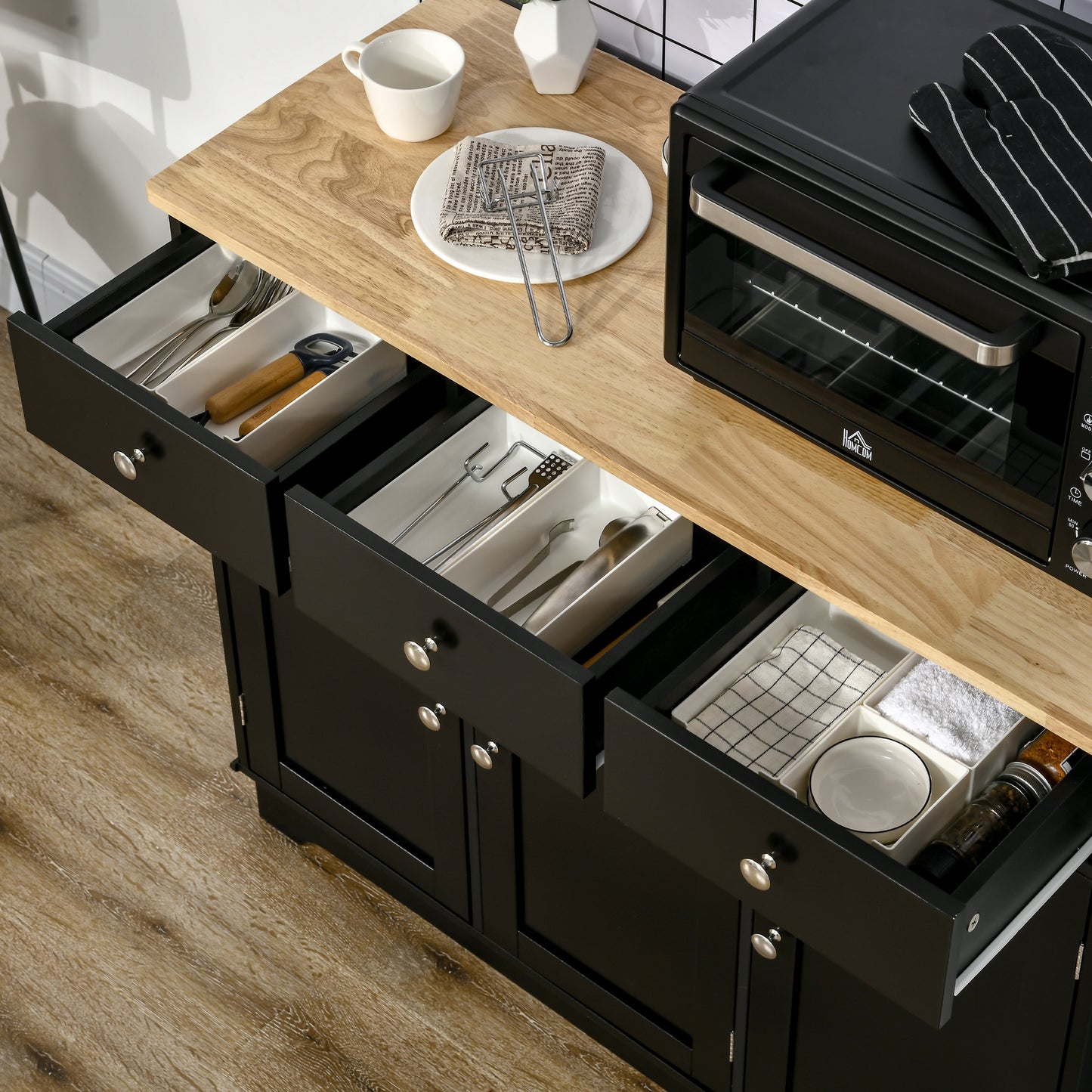 Sideboard with Rubberwood Top and Adjustable Shelves for Dining Room, Kitchen - Black
