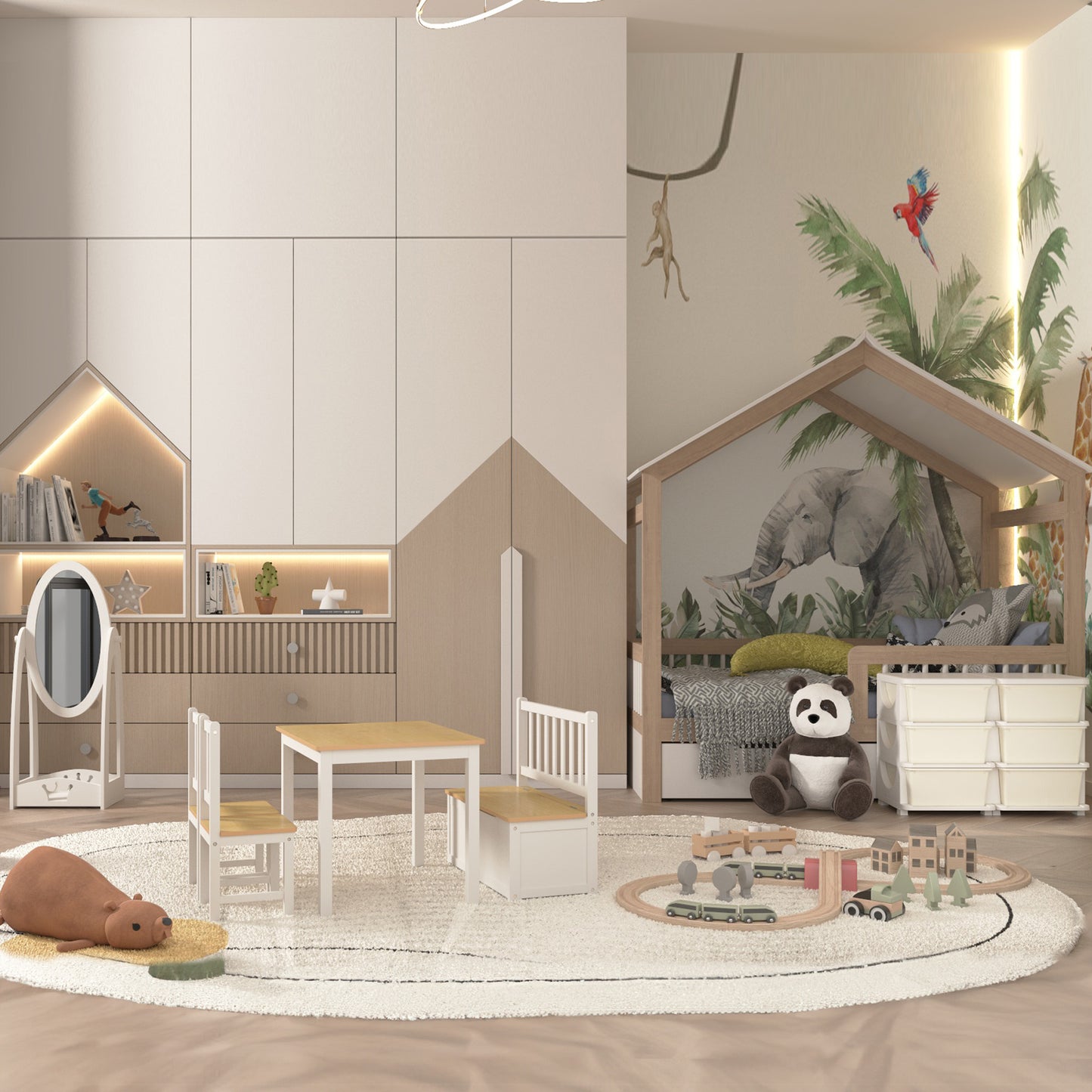 4-Piece Kids Table and Chair Set with 2 Wooden Chairs, 1 Storage Bench, and Interesting Modern Design, Beige/White