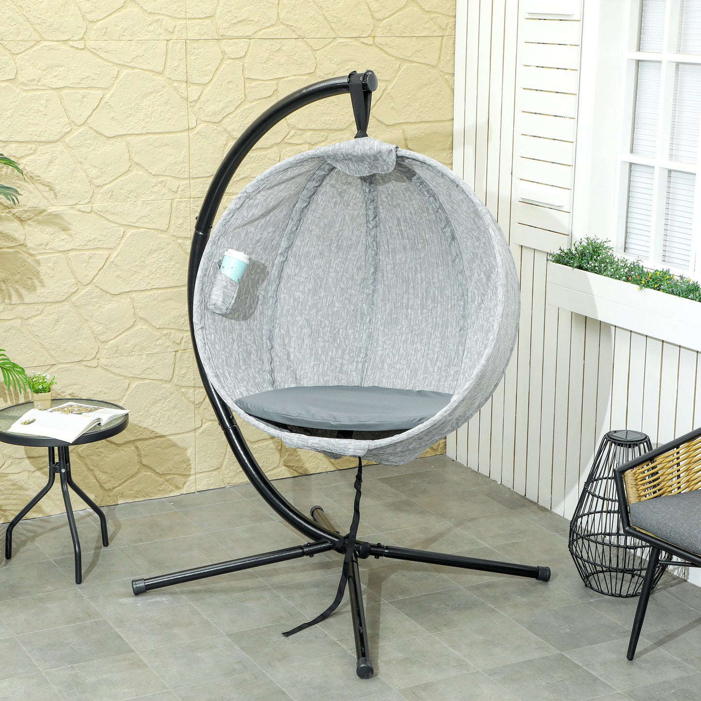 Hanging Egg Chair Outdoor Indoor Garden Swing Chair with Folding Basket, Thickened Cushion, Cup Holder for Patio, Balcony