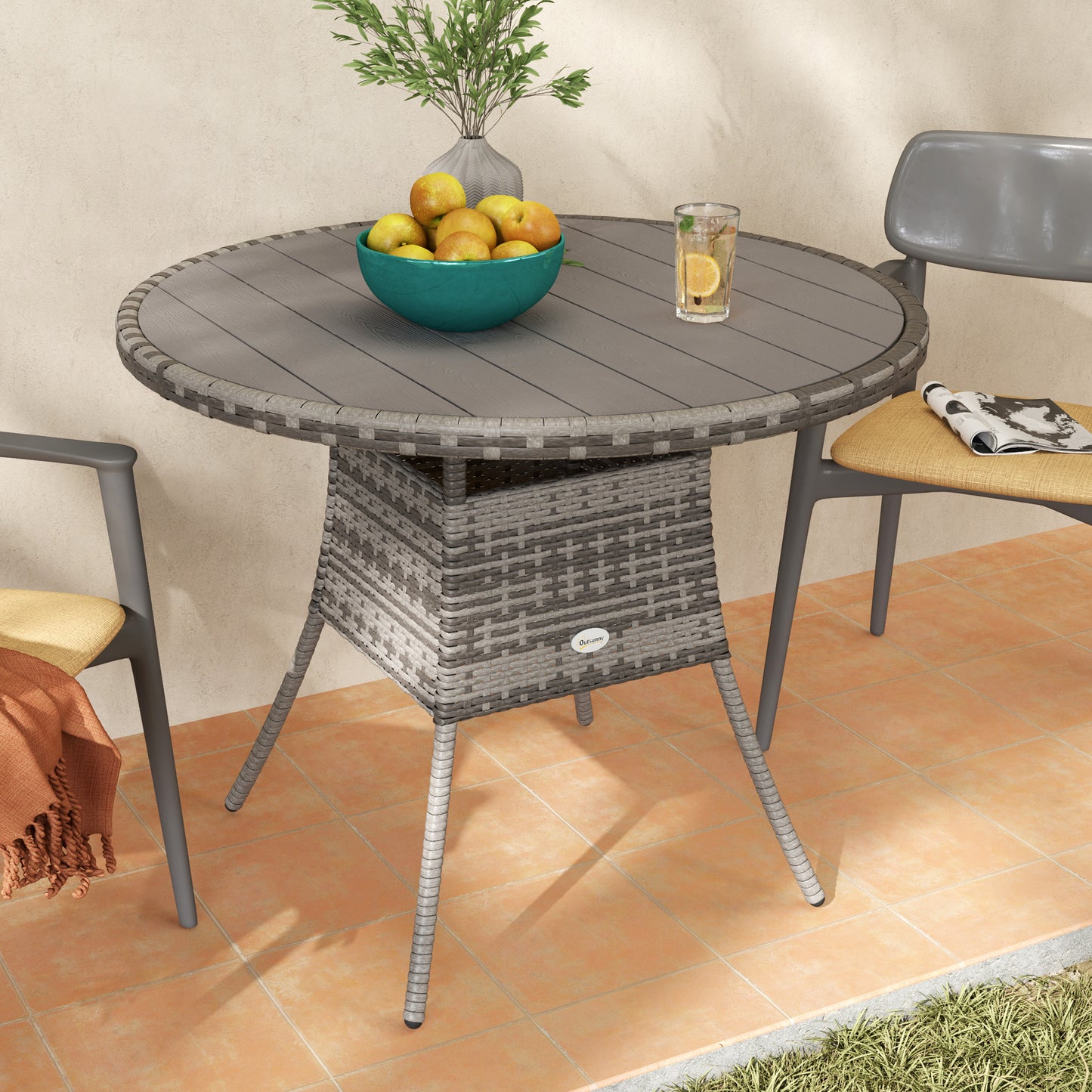 90 cm Wood-Effect Rattan Garden Table - Grey
