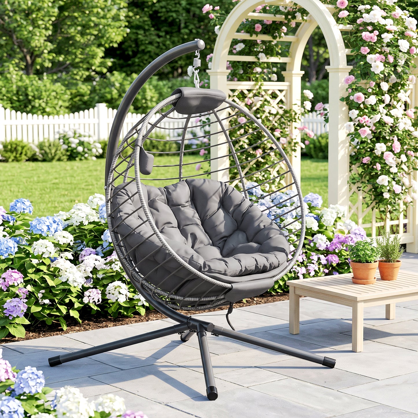 PE Rattan Swing Chair, Outdoor Hanging Chair with Metal Stand, Thick Padded Cushion, Foldable Basket and Cup Holder