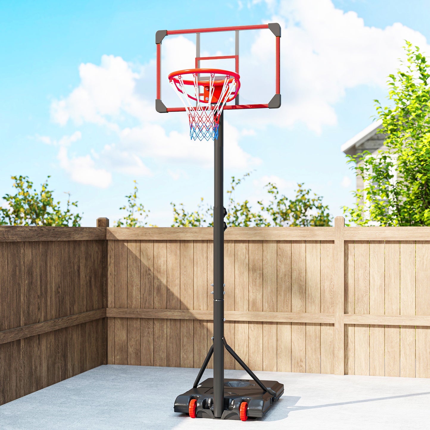 Height Adjustable Basketball Hoop and Stand with Firm Backboard and Weighted Base, Portable on Wheels, Red