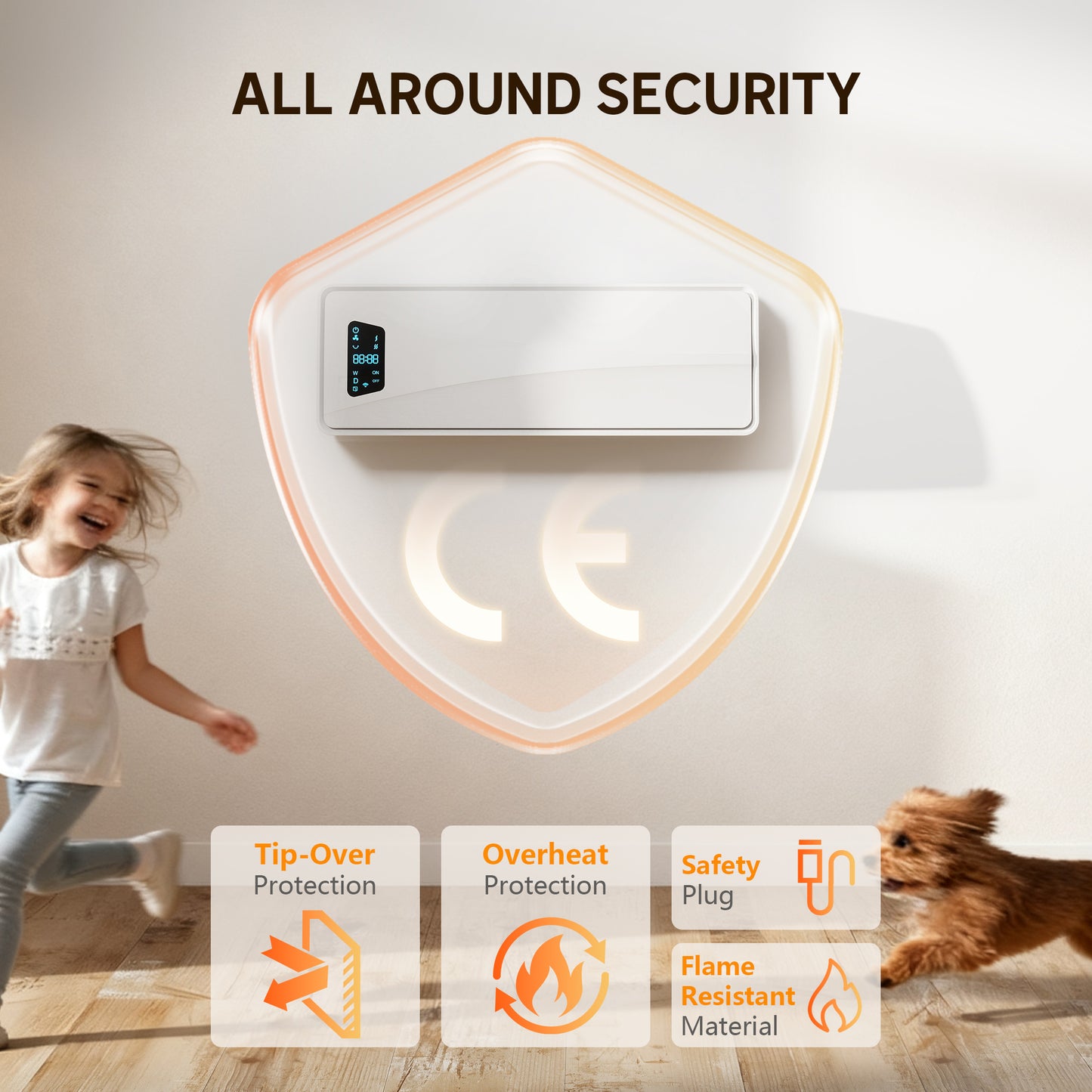 2000W Ceramic Electric Heater with Fan, Adjustable Thermostat, Wall Mounted - White