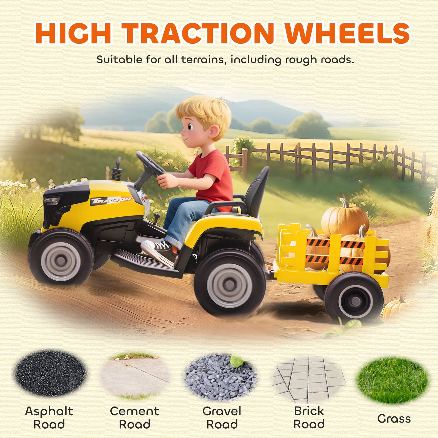 12V Ride on Tractor and Trailer with Remote Control, Music, Shifter, Start-Up Sound, for Kids Ages 3-8 Years, Yellow
