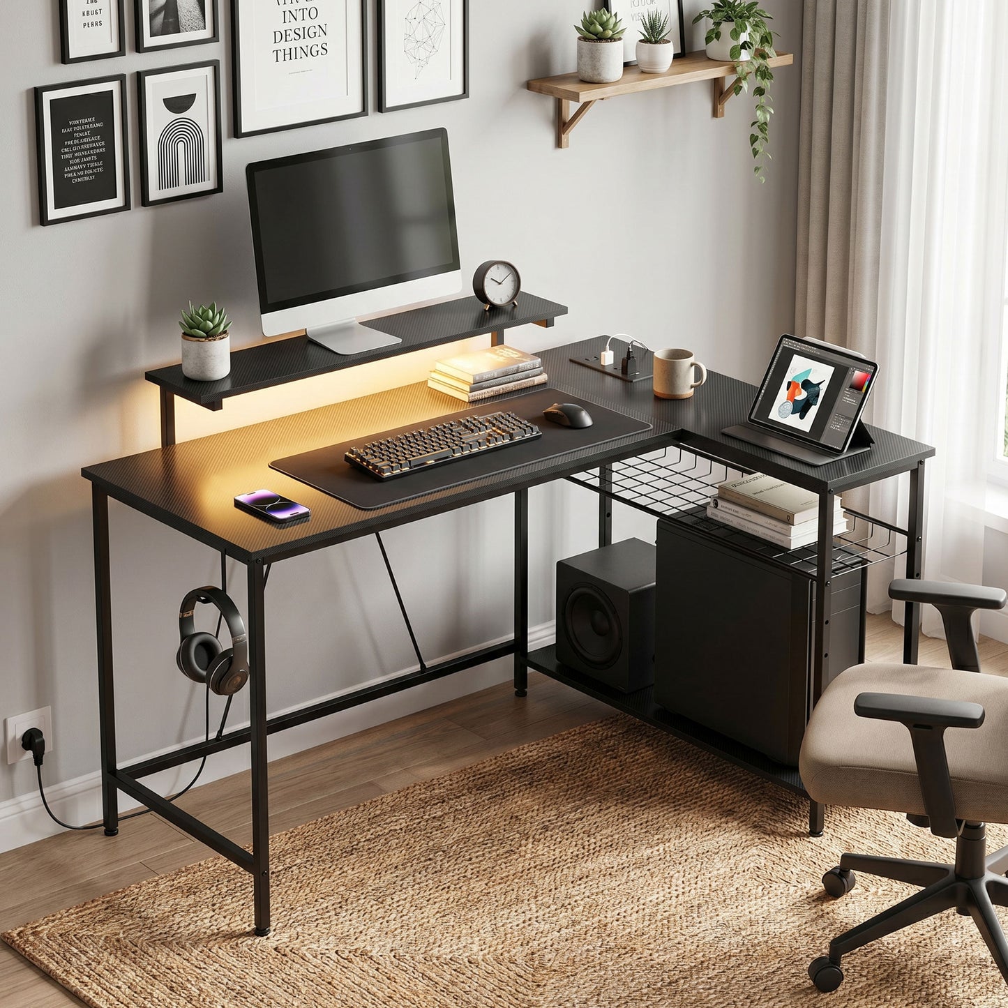 Reversible 'L' LED Light Gaming/Work Desk - Black