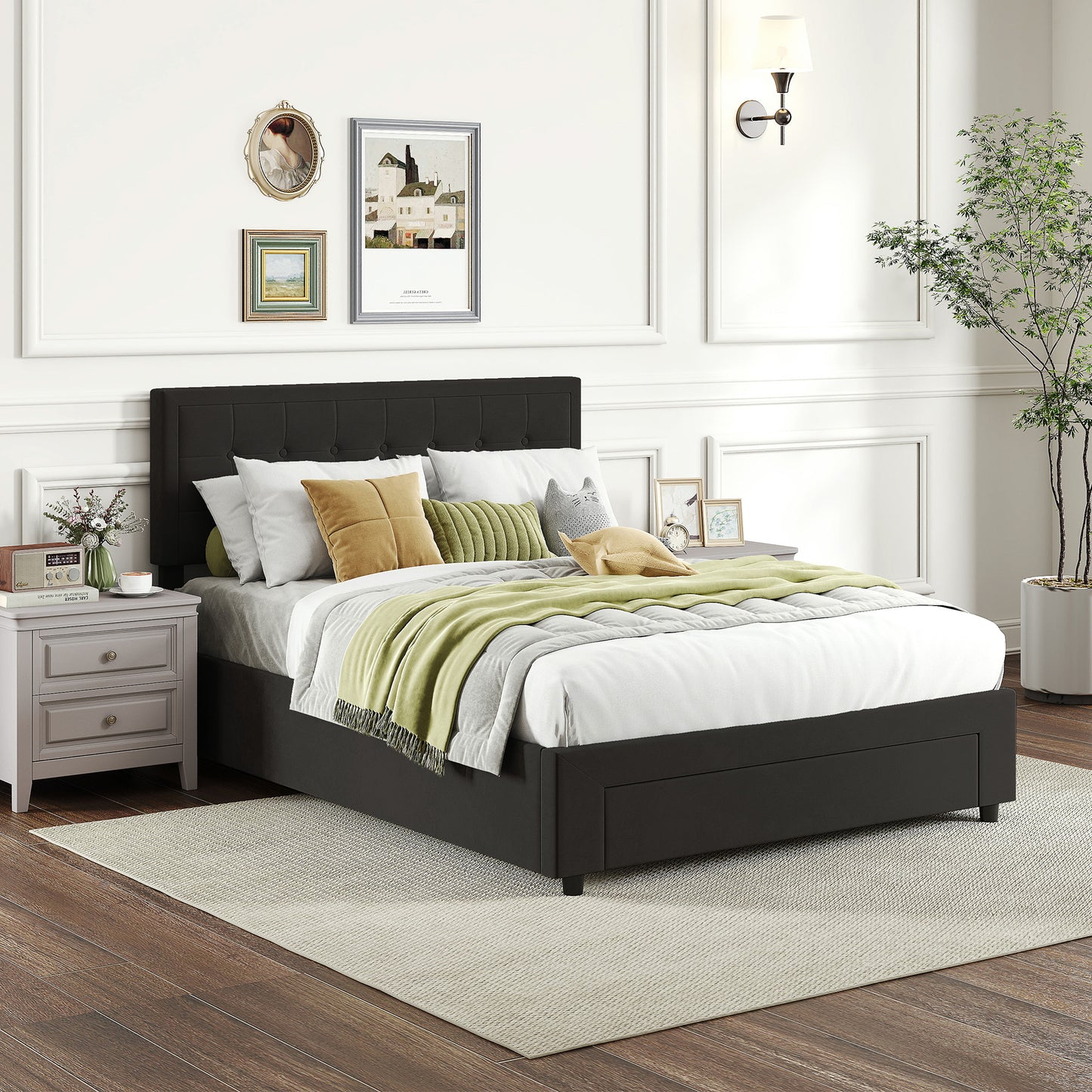 4ft6 Double Ottoman Bed Frame, with Front Drawer - Black