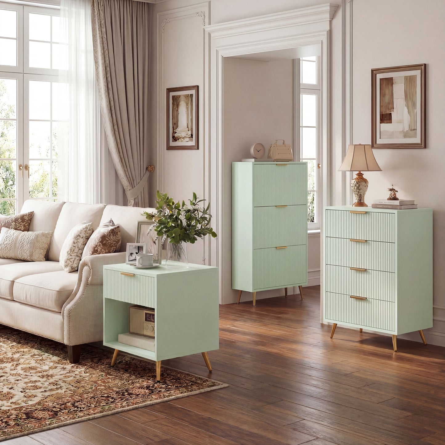 Elegant Three-Drawer Shoe Cabinet - Light Green