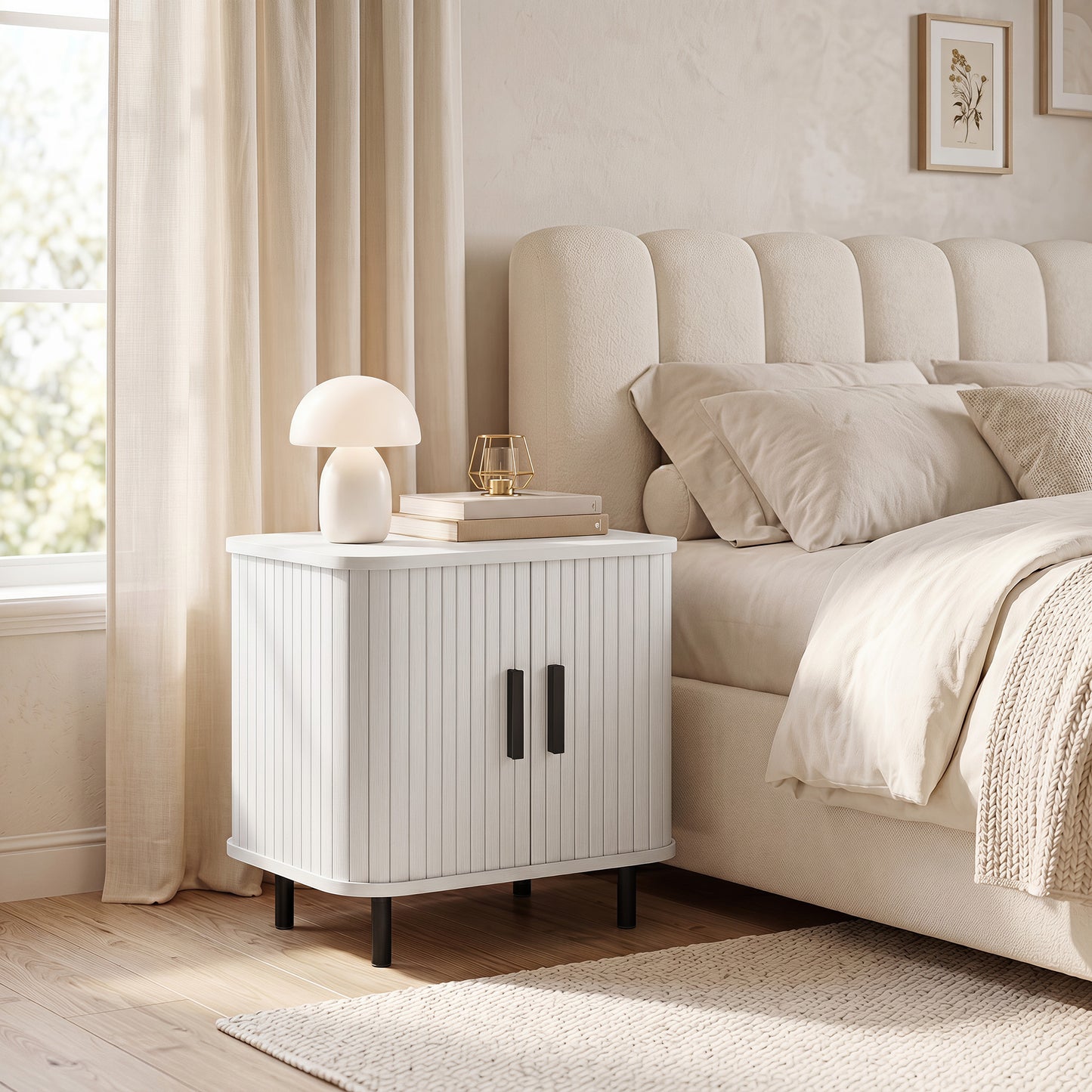 Nightstand with Sliding Doors and Metal Legs White Wood Effect