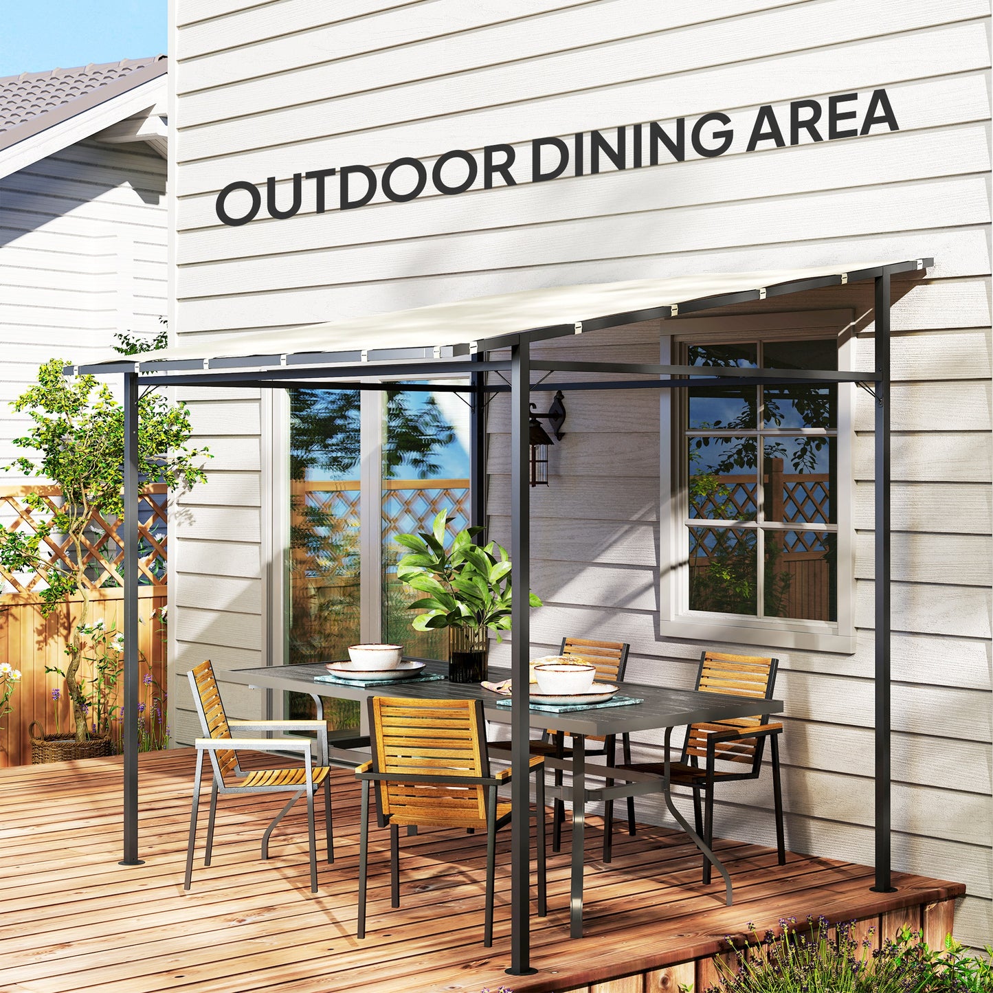 2.4 x 2.4 m Wall Mounted Pergola Gazebo with PA Coating Fabric and Metal Frame, UPF30+, Lean to Garden Gazebo