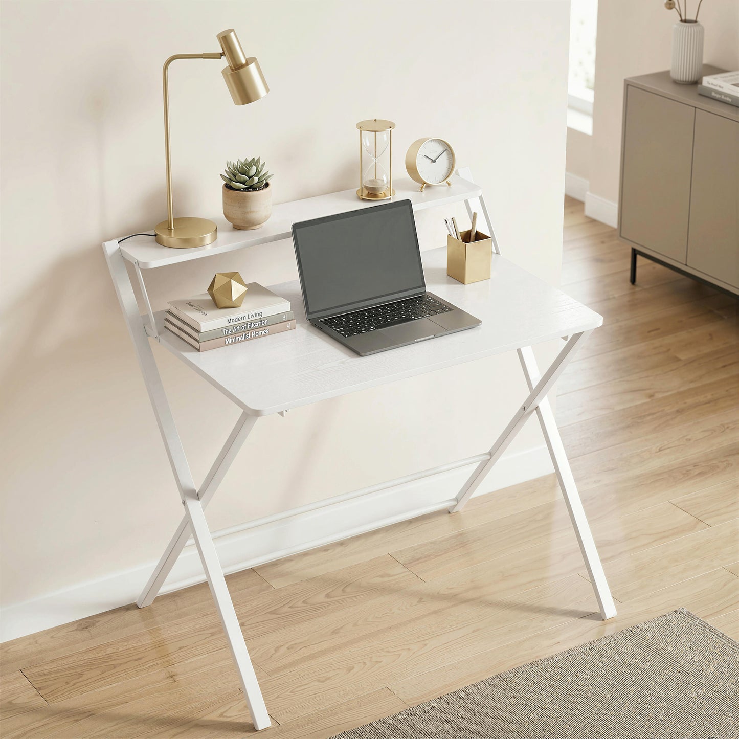 Compact Folding Desk for Small Spaces with Storage Shelf for Home Office, White