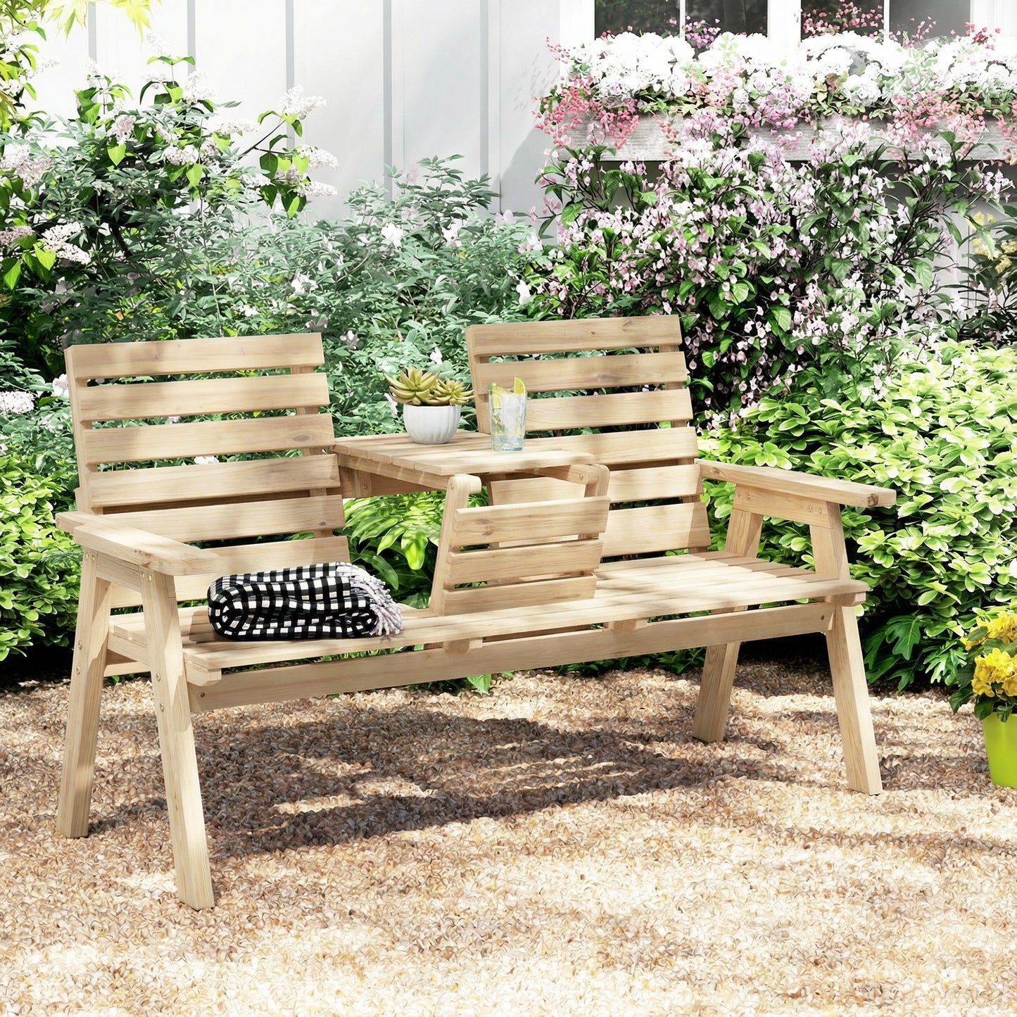 Fir Wood Convertible 2 to 3 Seater Outdoor Garden Bench, Natural Wood Finish