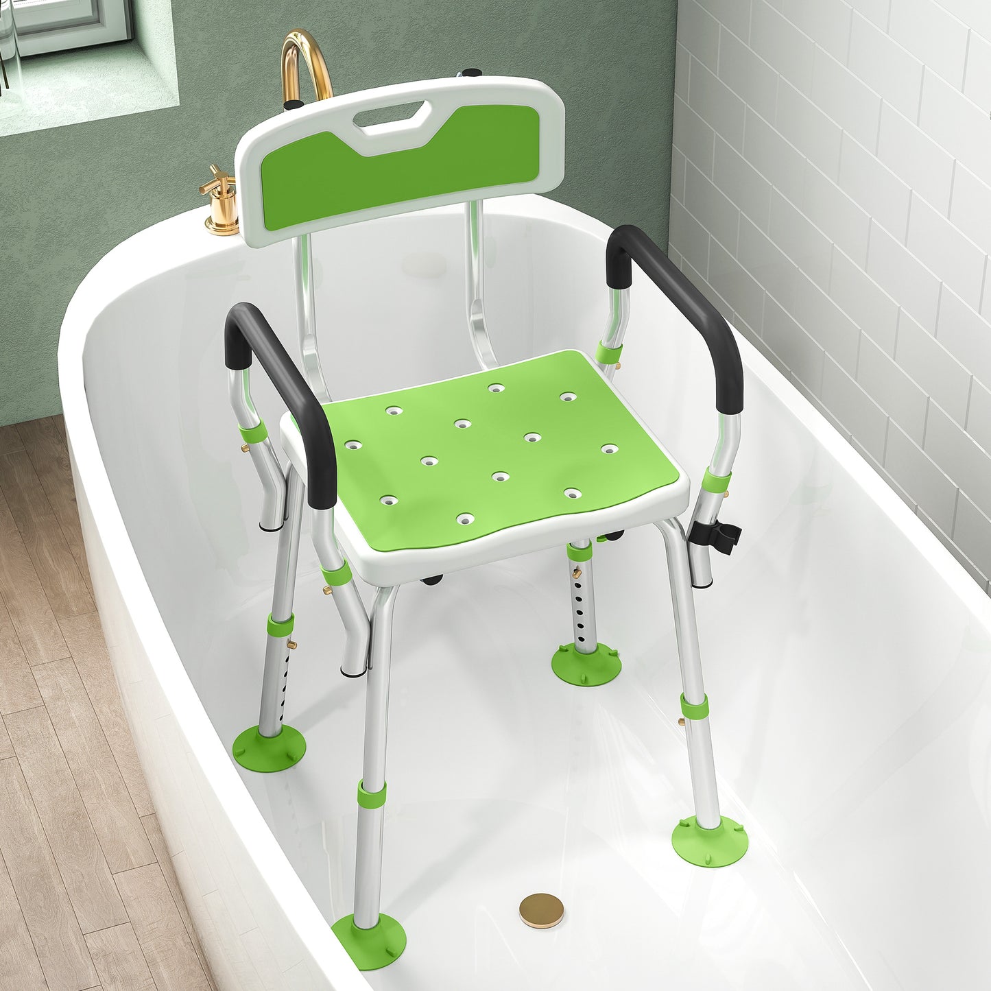 EVA Padded Shower Chair for the Elderly and Disabled, Height Adjustable Shower Stool with Back and Arms, 4 Suction Foot Pads
