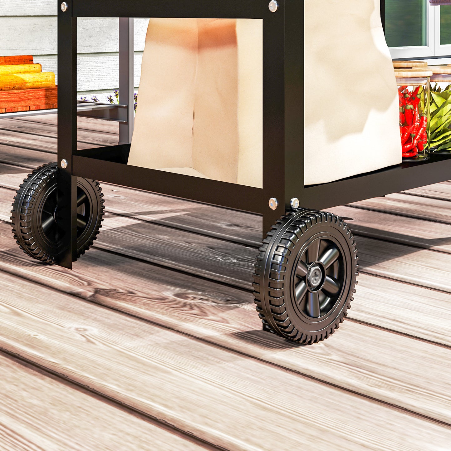 BBQ Trolley with Stainless Steel Top Adjustable Shelf, Outdoor Kitchen Barbecue Station with Hooks Seasoning Tray Towel Rack