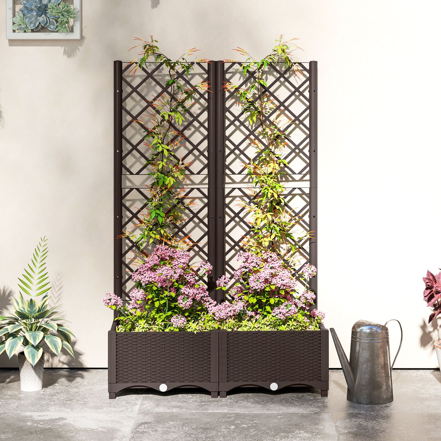 Raised Garden Bed with Trellis, Plastic Planter Box with Drainage Holes