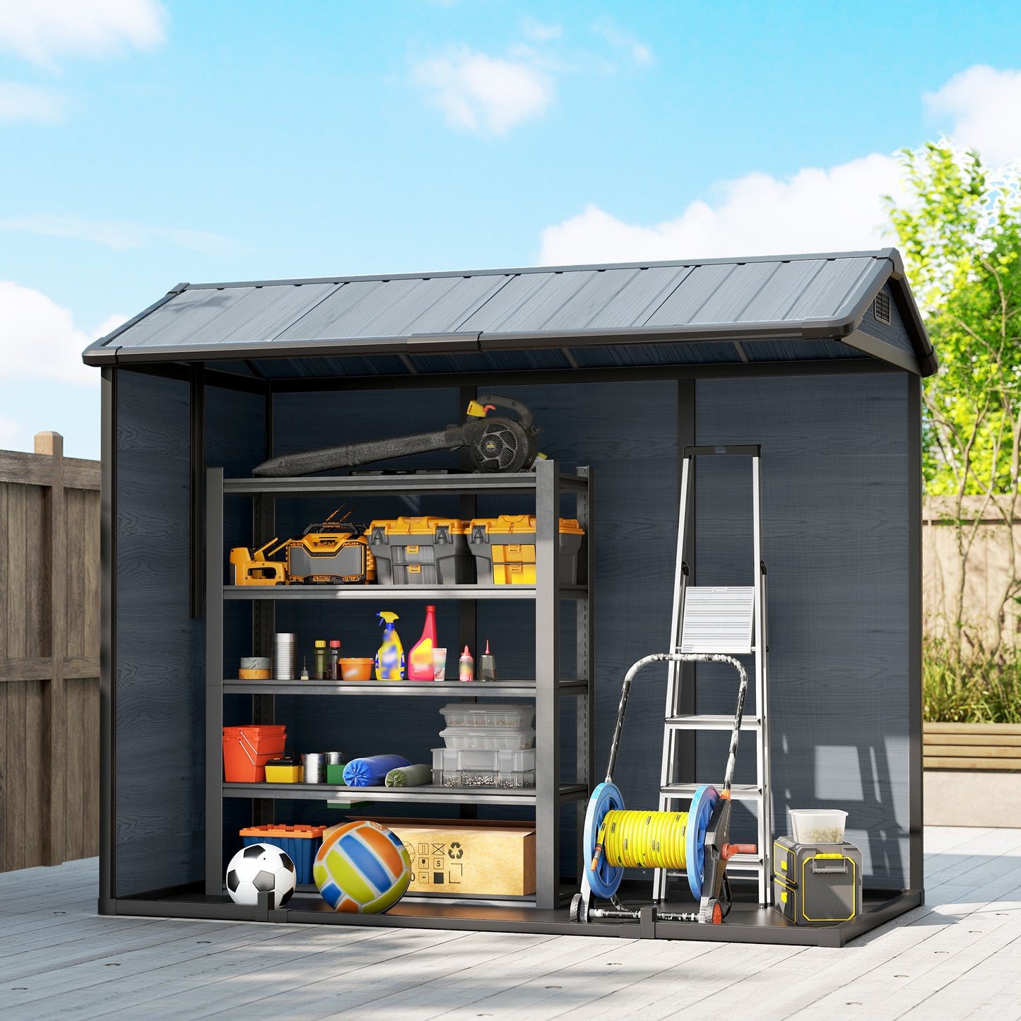8 x 4 ft Resin Garden Shed, Wood-Effect Outdoor Storage Shed with Floor, Windows, Lockable Doors and Vents, Dark Grey