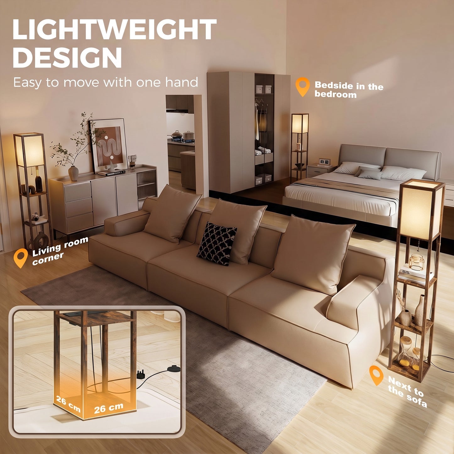 Floor Lamp with Shelves, 4 Layer Standing Lamp with USB Ports, 3 Colour Temperature, Rustic Brown