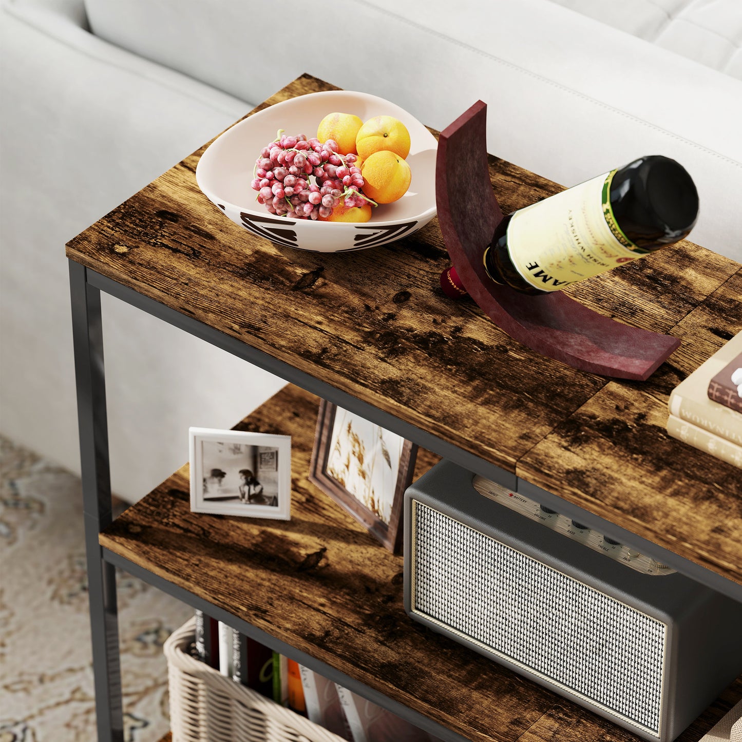 3-Tier Console Table with Storage Shelves - Rustic Brown