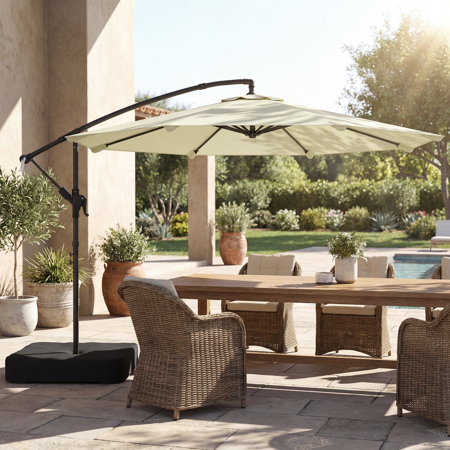 3 m Garden Cantilever Parasol with Cross Base, Sandbag, 360° Rotating Overhanging Banana Umbrella, Beige