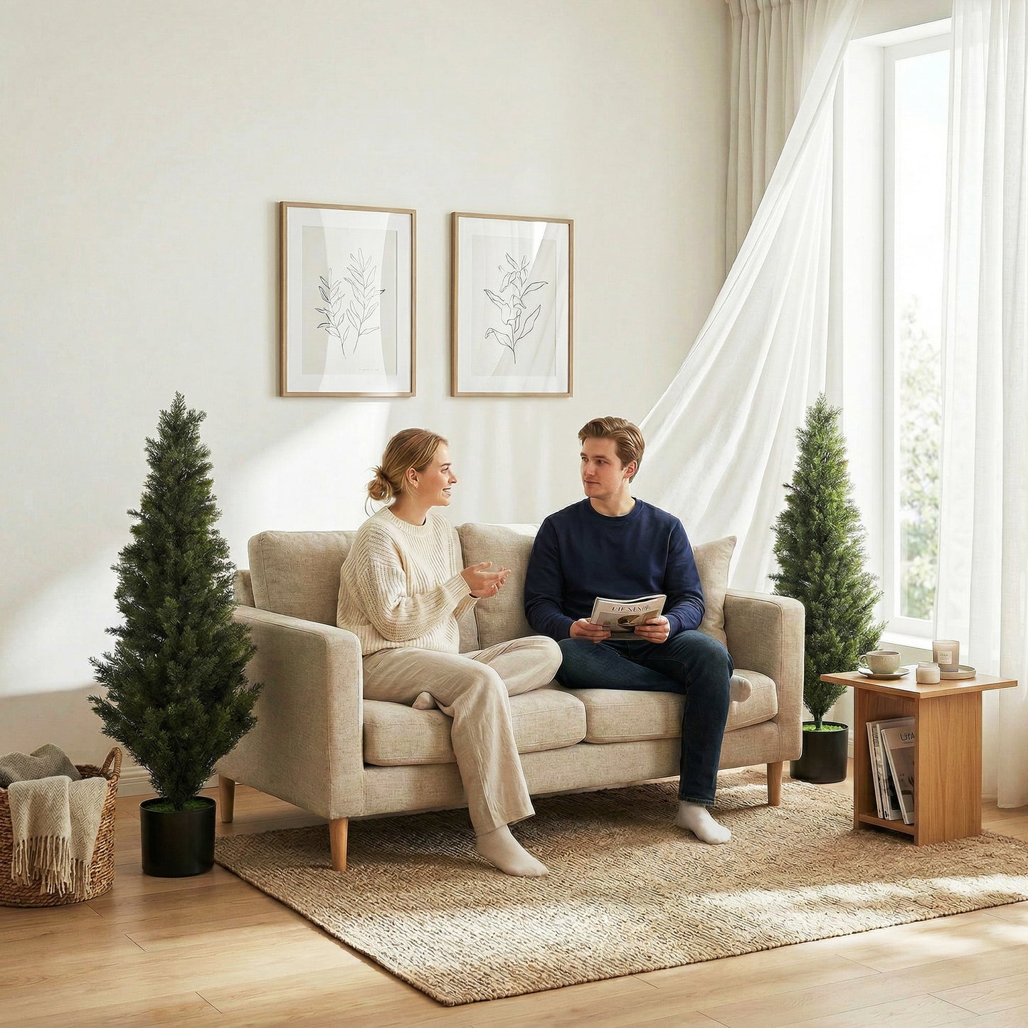 Set of 2 Decorative Artificial Plants Cypress in Weighted Pot, Fake Plant with 1092 Leaves, 120 cm