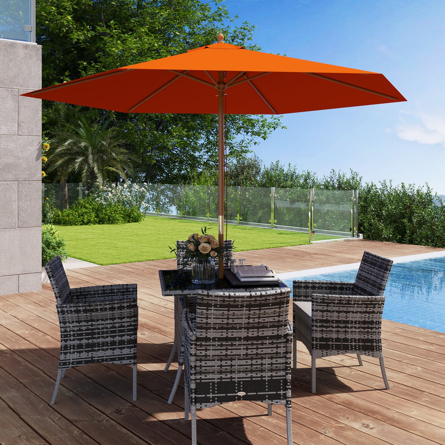 2.5m Wood Garden Parasol Sun Shade Patio Outdoor Wooden Umbrella Canopy, Table Market Umbrella with Vent, 38mm Pole