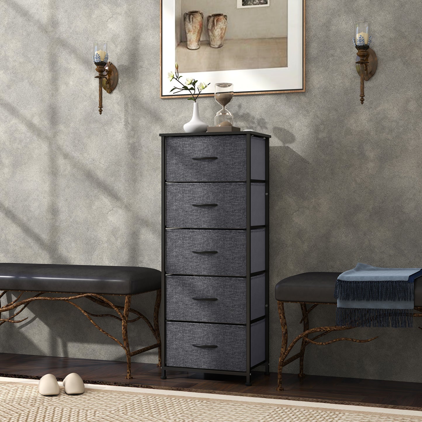 Fabric Chest of Drawers, Industrial Bedroom Dresser with 5 Fabric Drawers, Steel Frame and Wooden Top for Nursery